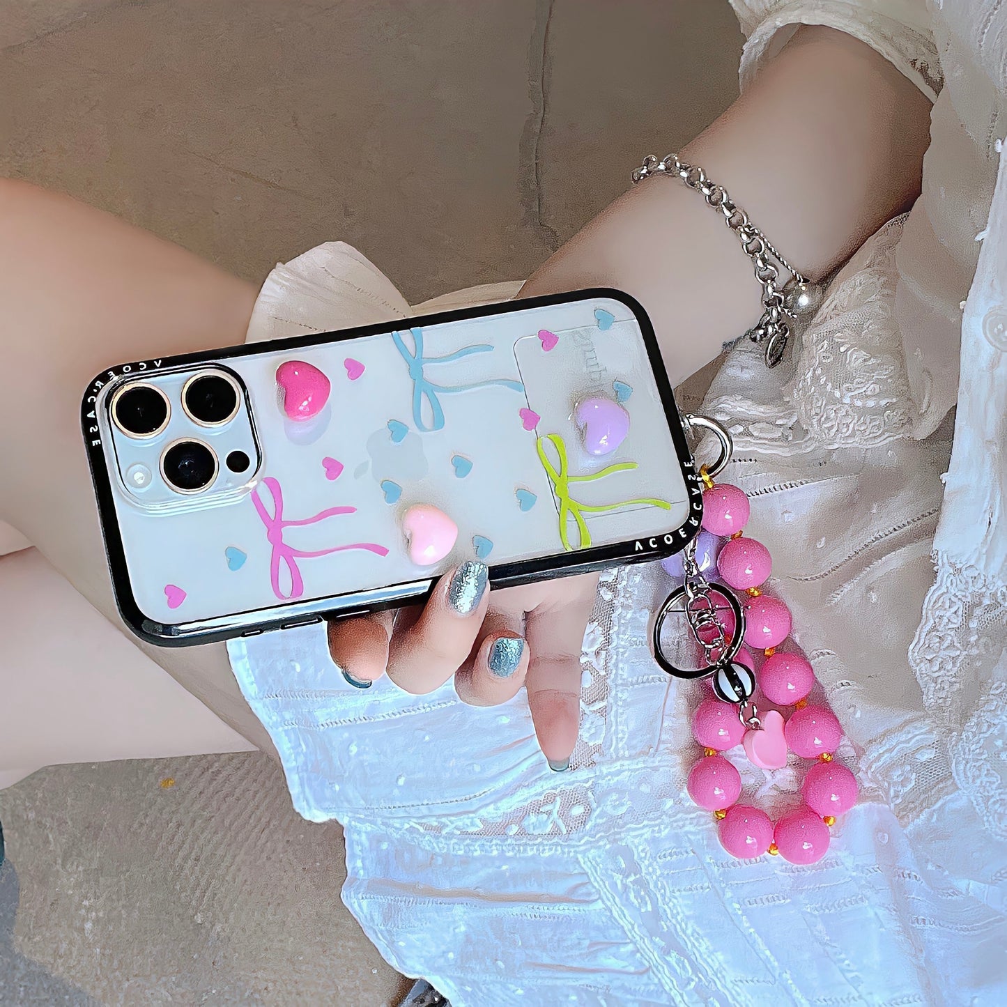 3D Candy Heart iPhone Case with Colorful Ribbon Print With Bubblegum Charm Edition