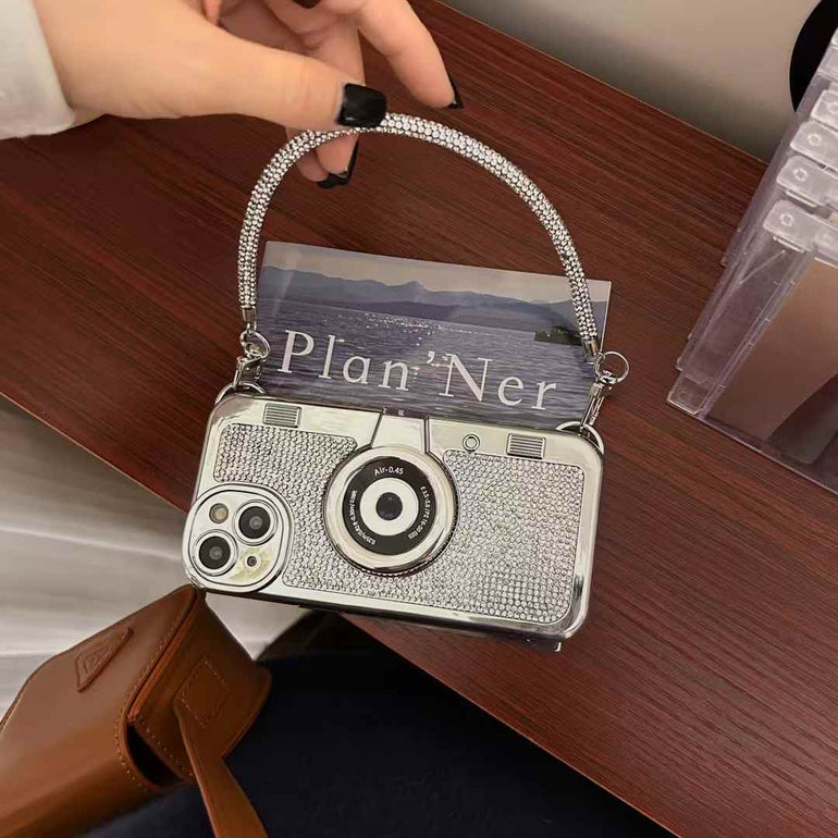 3d Camera Style iPhone Case With Rhinestone Hand Bracelet