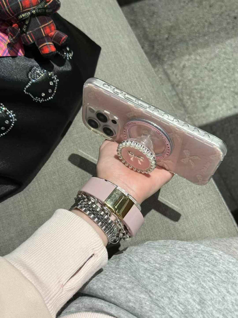 Bow Pattern Designer Case For iPhone With Luxury Beaded Magsafe Holder