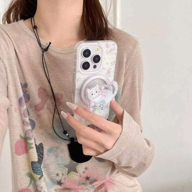 Cat With Tulip Flower Magsafe Case For iPhone With Cat Magsafe Holder