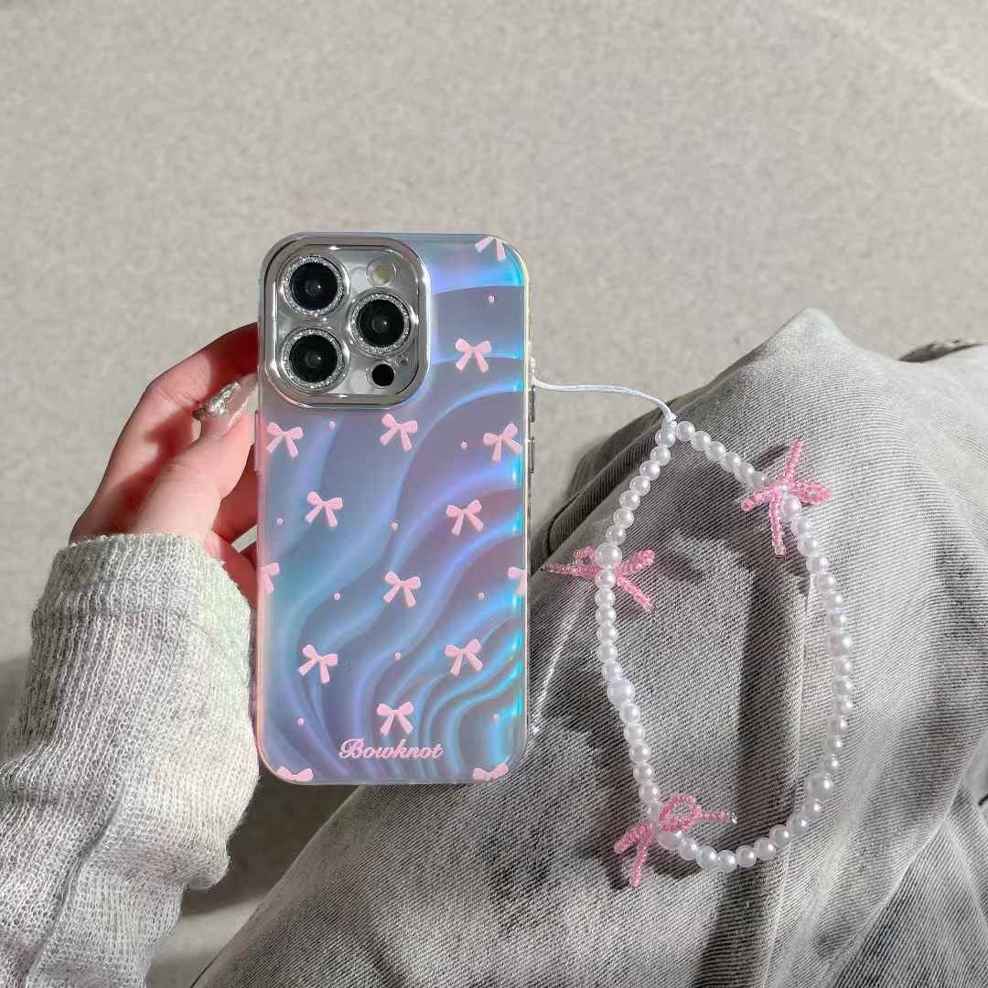Holographic Bow Pattern Designer Silicon Case for iPhone With Beaded Bow Charm