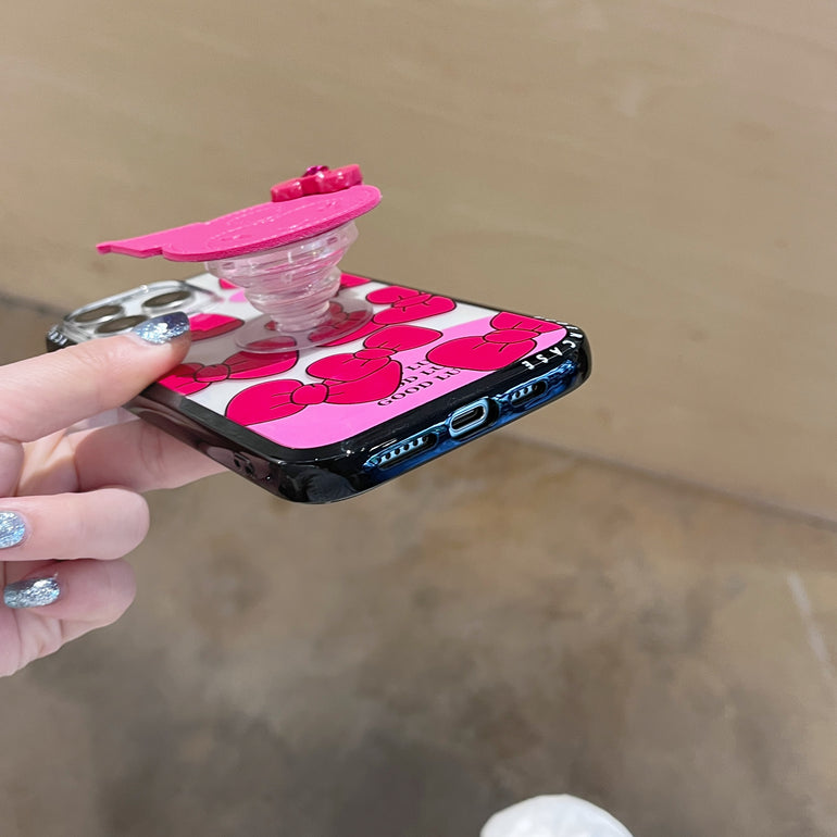 Pink Cartoon Charm iPhone Case – Good Luck Bow Design with 3D Cartoon Holder