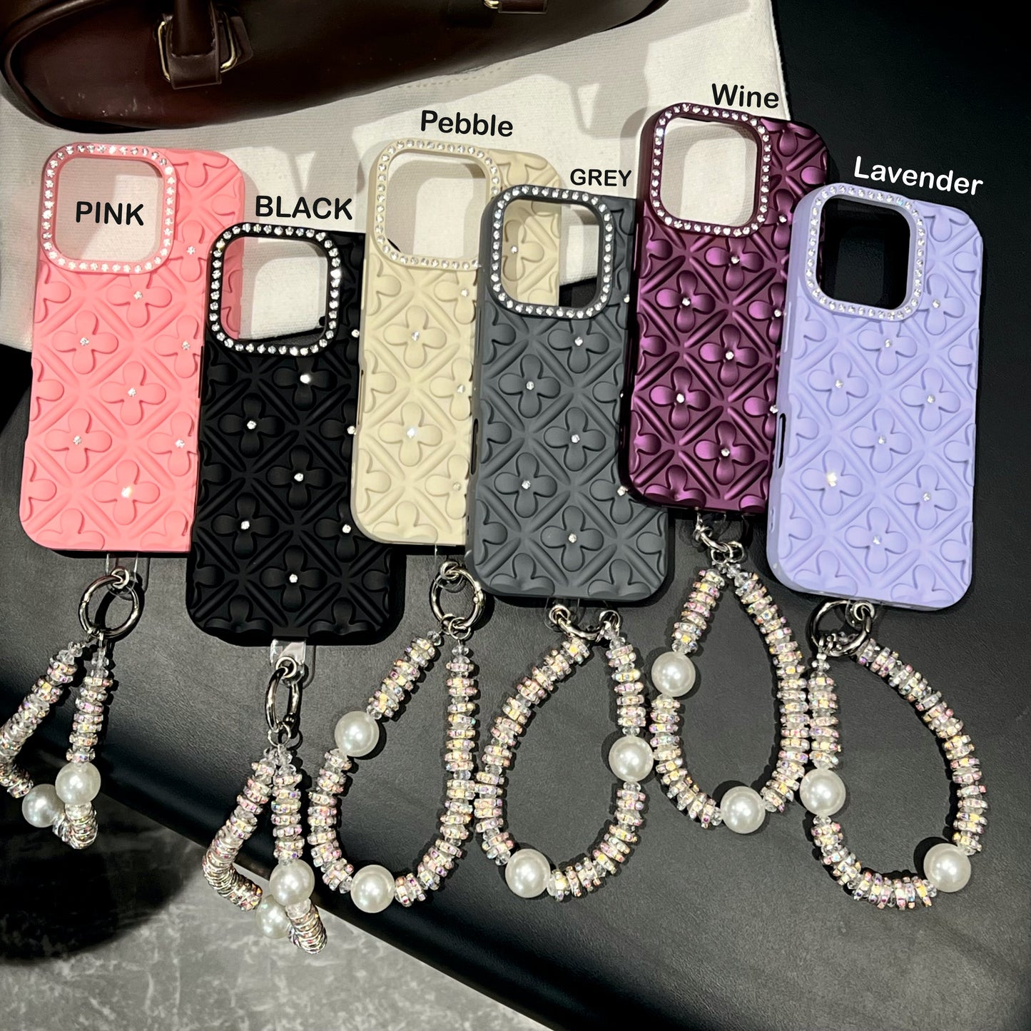 Luxury 3D Floral iPhone Cases with Pearl Bracelet Strap