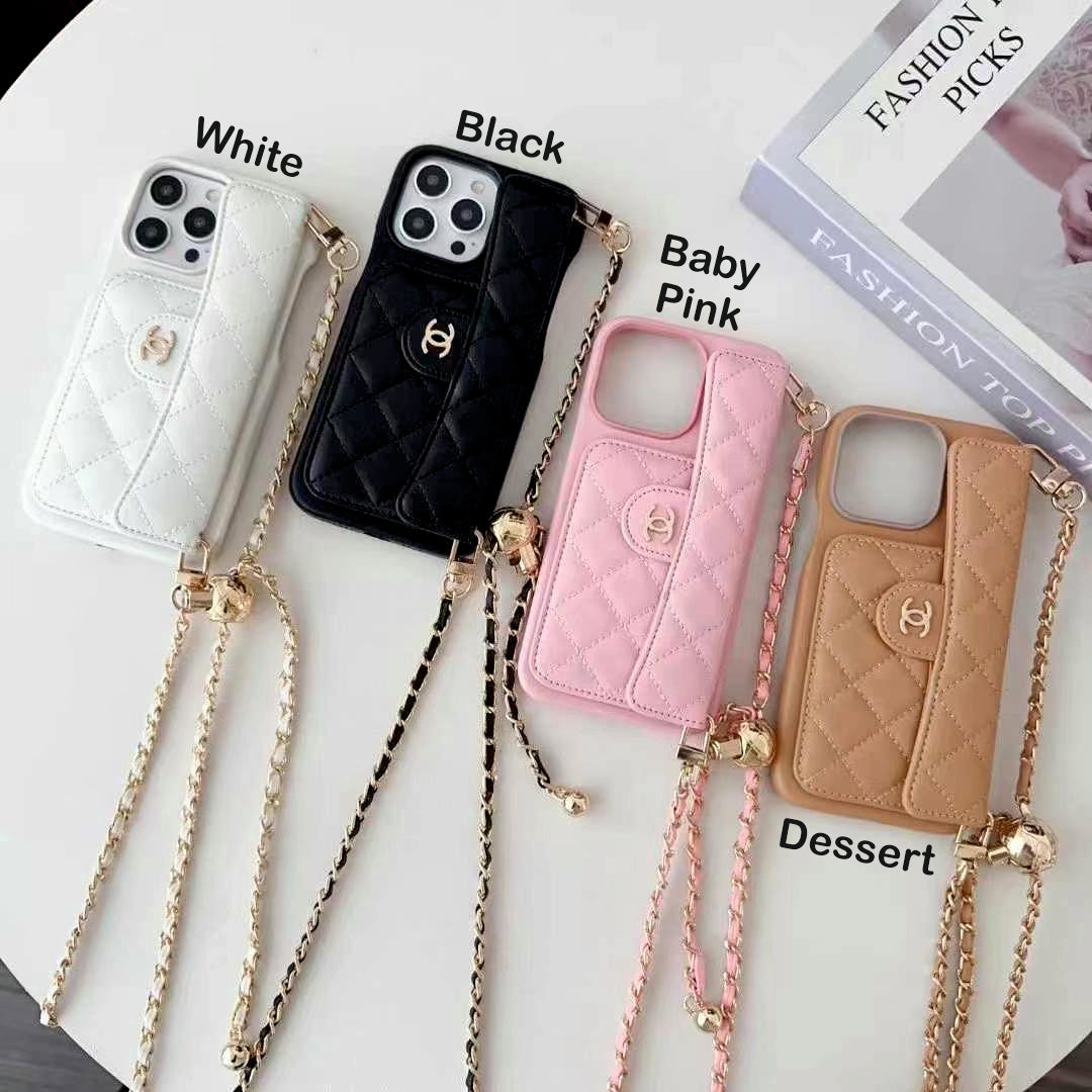 Luxury Branded Leather Wallet Case For iPhone With Sling Chain