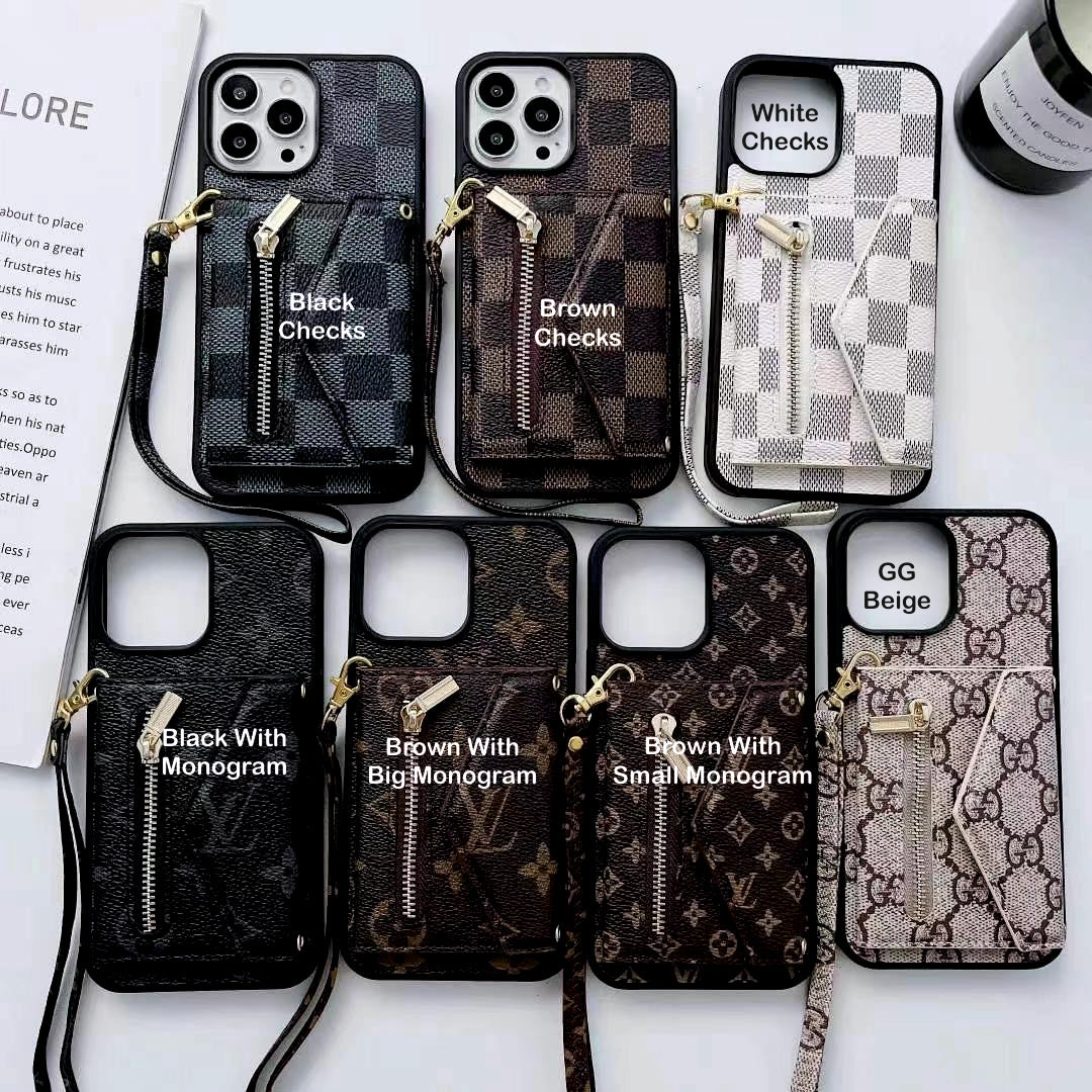 Luxury Branded Leather Wallet iPhone Case With Chain Pocket And Hand Bracelet white checks Brown With Small Monogram