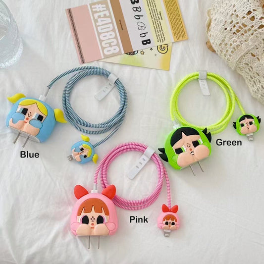 3D Cute Power Girls Charging Case For iPhone With Cable Protection