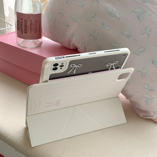 Kawaii Pink Bow iPad Case with Pencil Holder – Magnetic Smart Cover