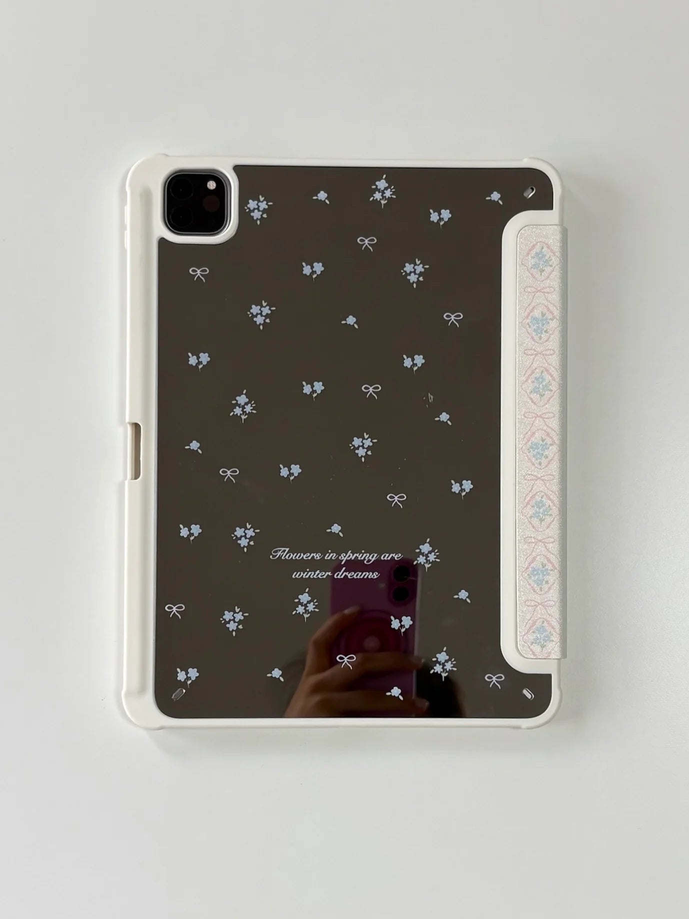 Elegant Floral Mirror iPad Case with Text – Dual Design Protective Cover with Vintage Foldable Front