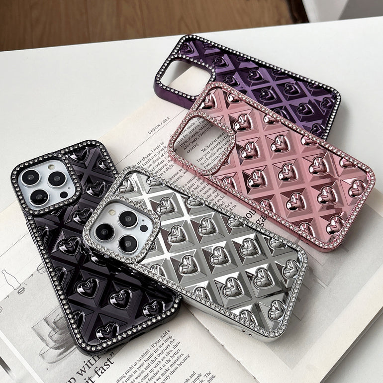 Luxury 3D Heart iPhone Cases with Crystal Border