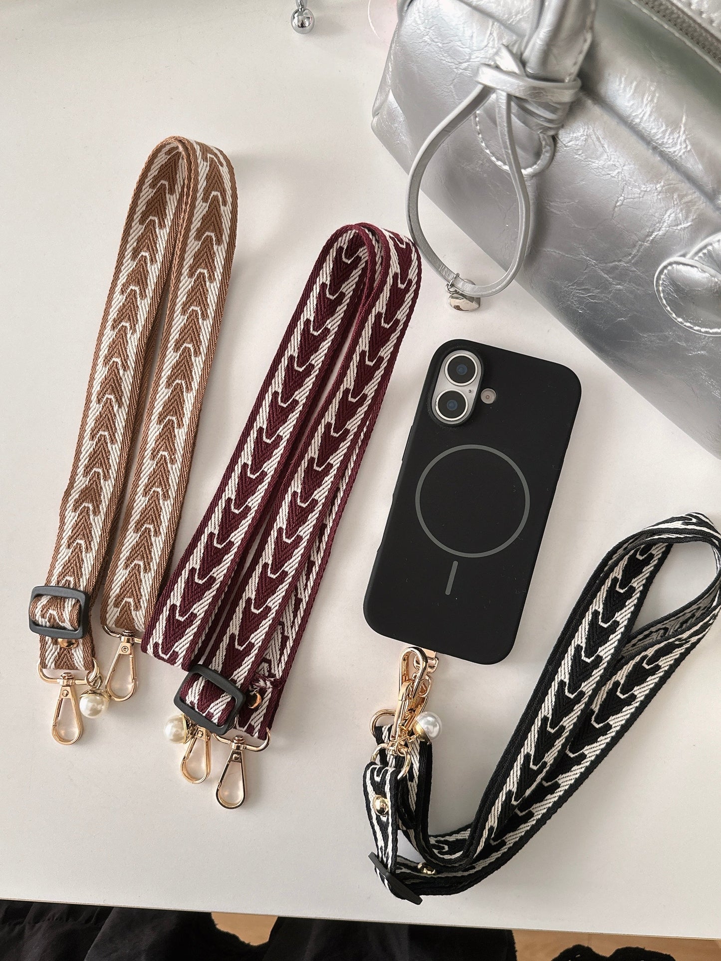 Chevron Pattern – Detachable Crossbody iPhone Holder With Pearl Detail