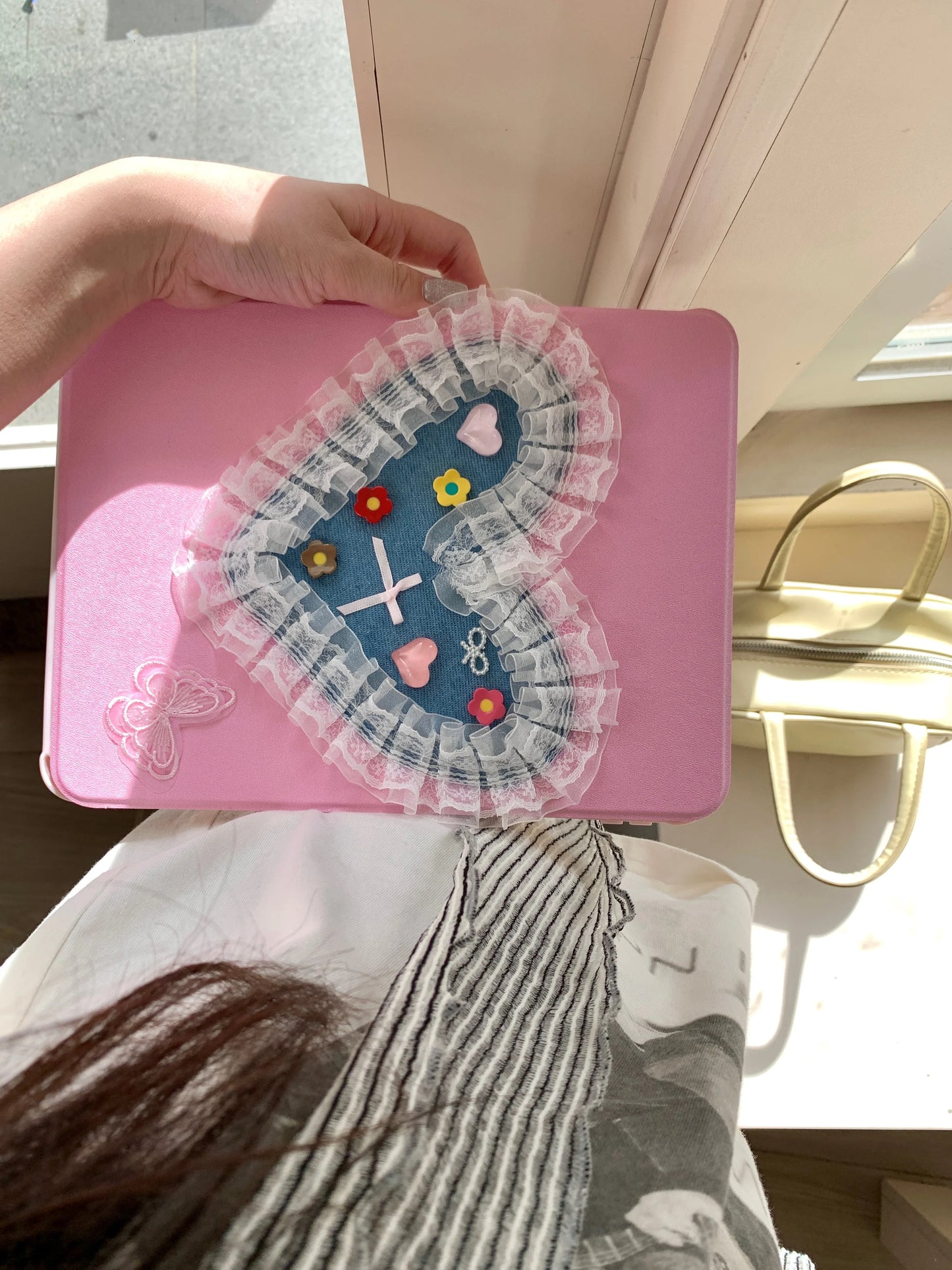 Cute Pink iPad Case with Heart Lace Design – Floral Stand Case