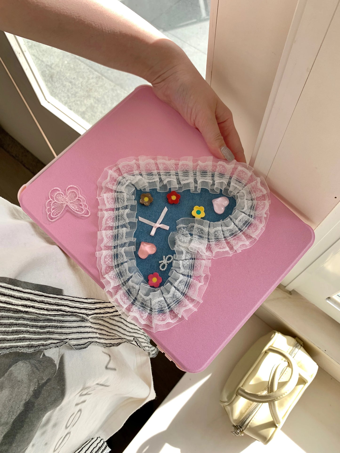 Cute Pink iPad Case with Heart Lace Design – Floral Stand Case