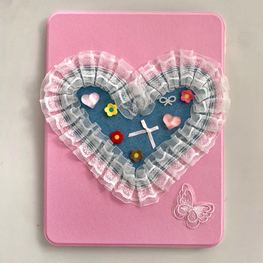 Cute Pink iPad Case with Heart Lace Design – Floral Stand Case