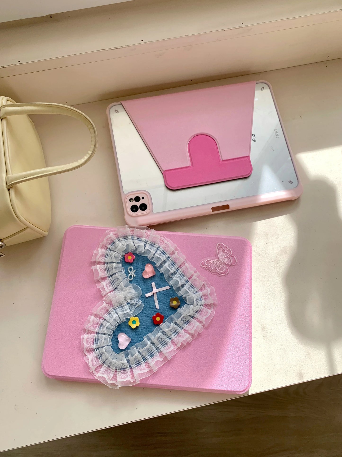 Cute Pink iPad Case with Heart Lace Design – Floral Stand Case