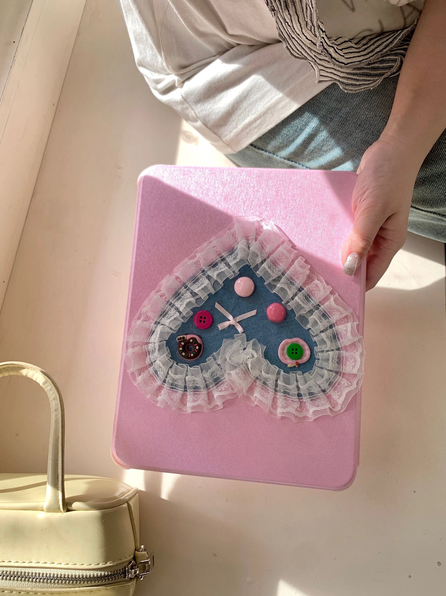 Cute Pink iPad Case with Heart Lace Design – Floral Stand Case