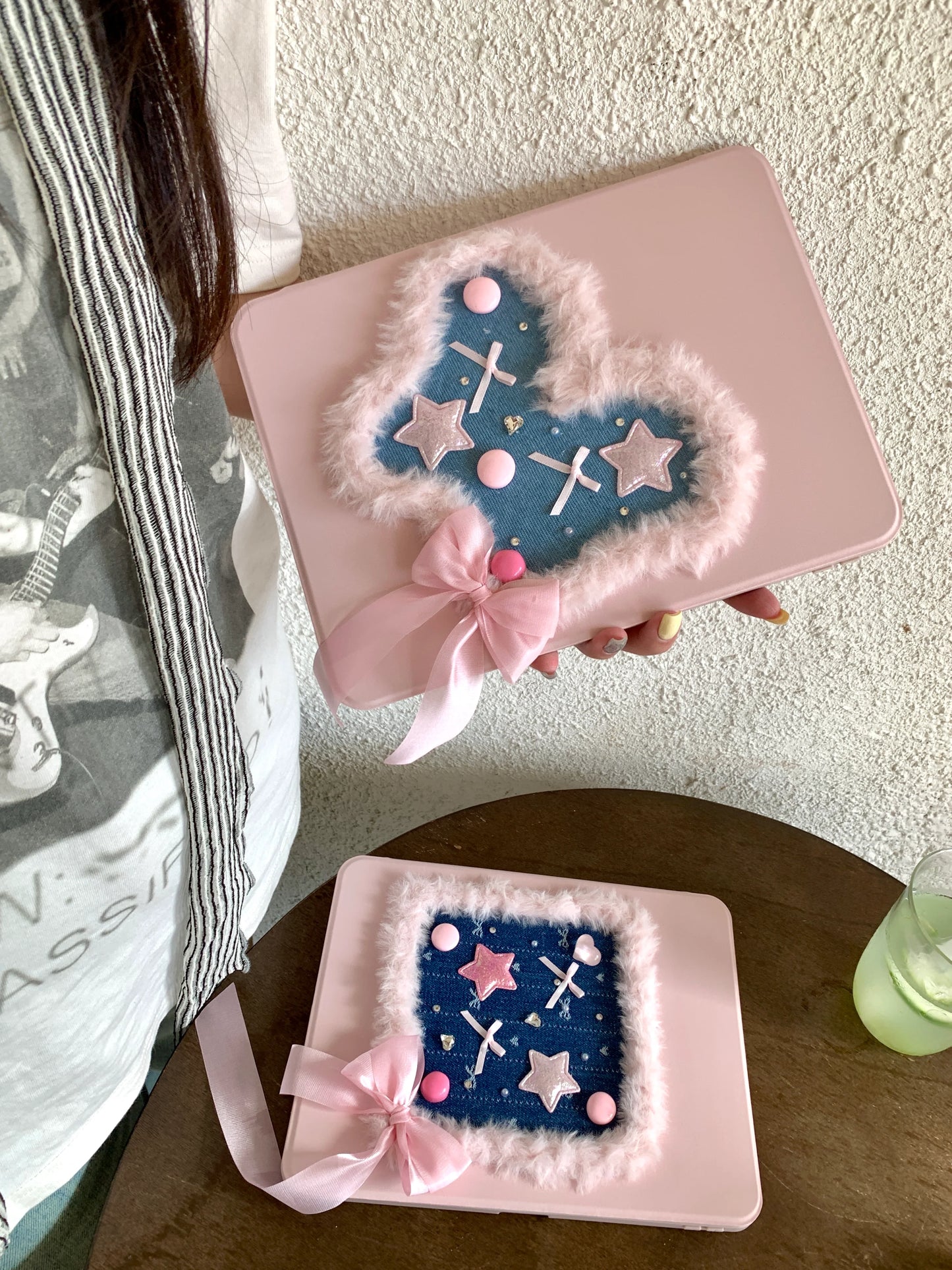 Pink Heart & Star Patchwork iPad Case with Stand – Cute Denim Bow Design For iPad