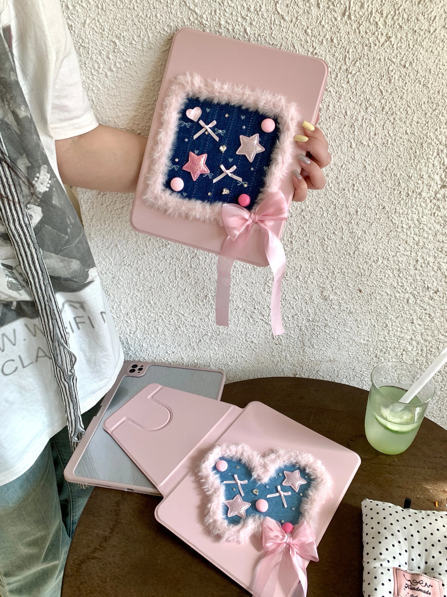 Pink Heart & Star Patchwork iPad Case with Stand – Cute Denim Bow Design For iPad