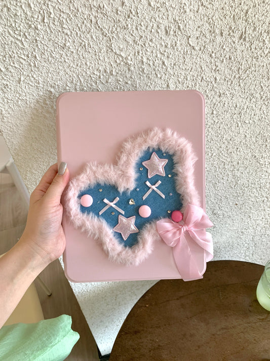 Pink Heart & Star Patchwork iPad Case with Stand – Cute Denim Bow Design For iPad