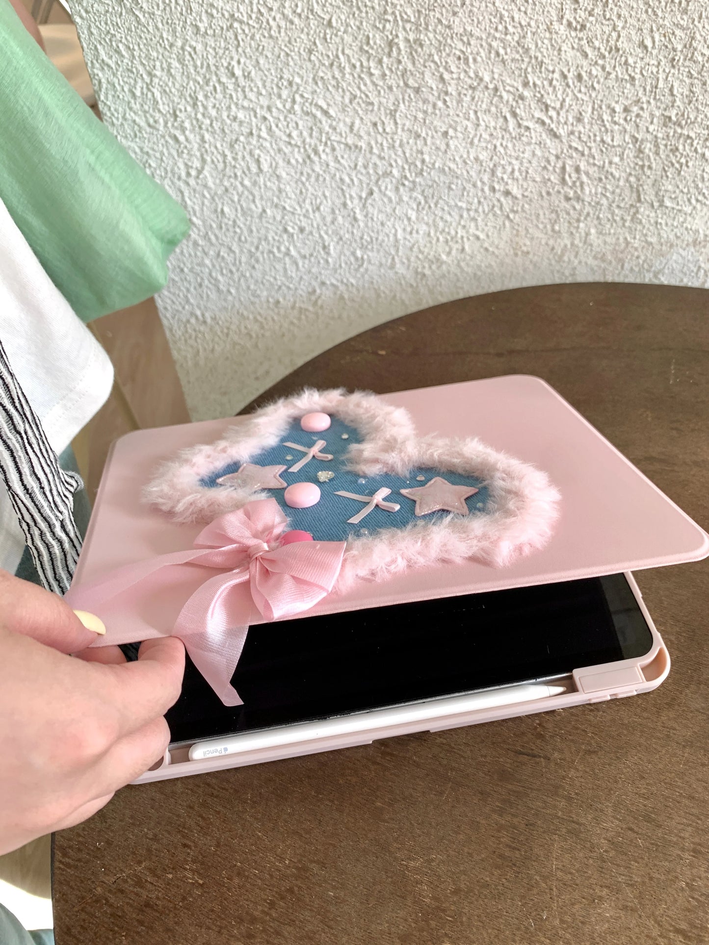 Pink Heart & Star Patchwork iPad Case with Stand – Cute Denim Bow Design For iPad
