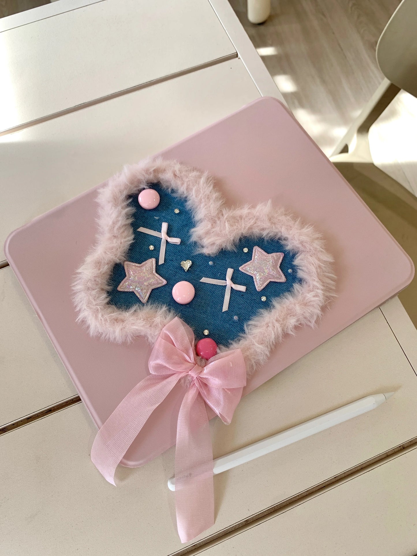Pink Heart & Star Patchwork iPad Case with Stand – Cute Denim Bow Design For iPad