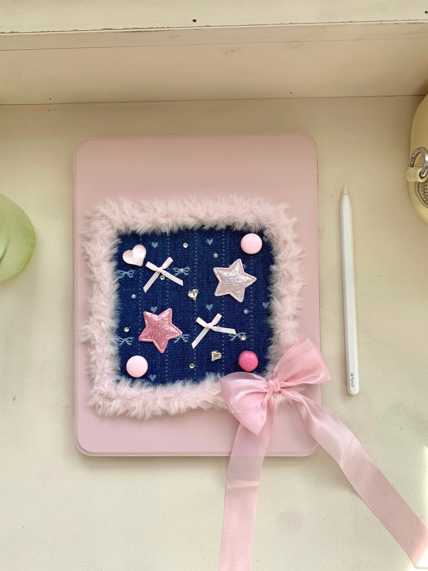Pink Heart & Star Patchwork iPad Case with Stand – Cute Denim Bow Design For iPad