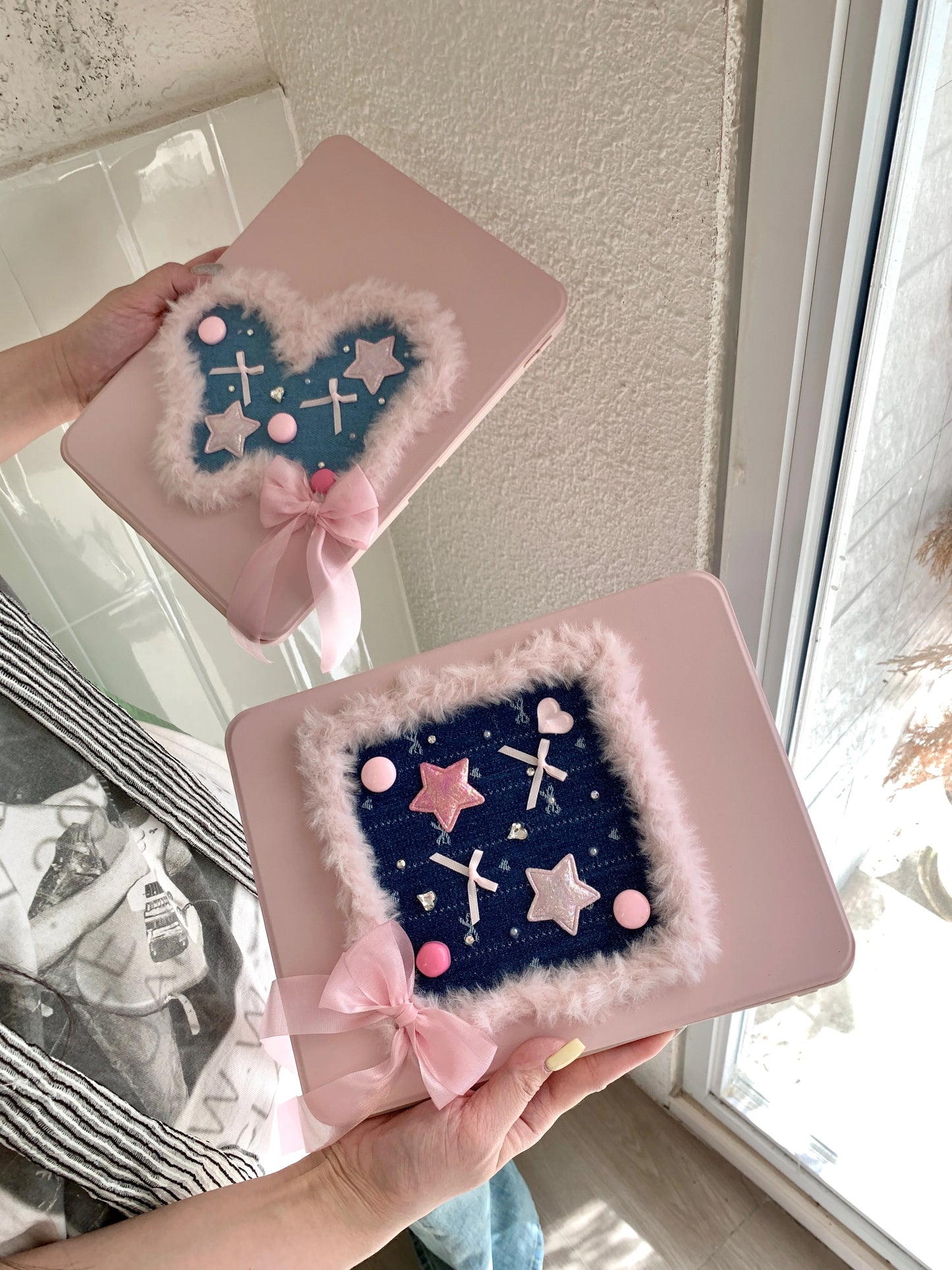 Pink Heart & Star Patchwork iPad Case with Stand – Cute Denim Bow Design For iPad