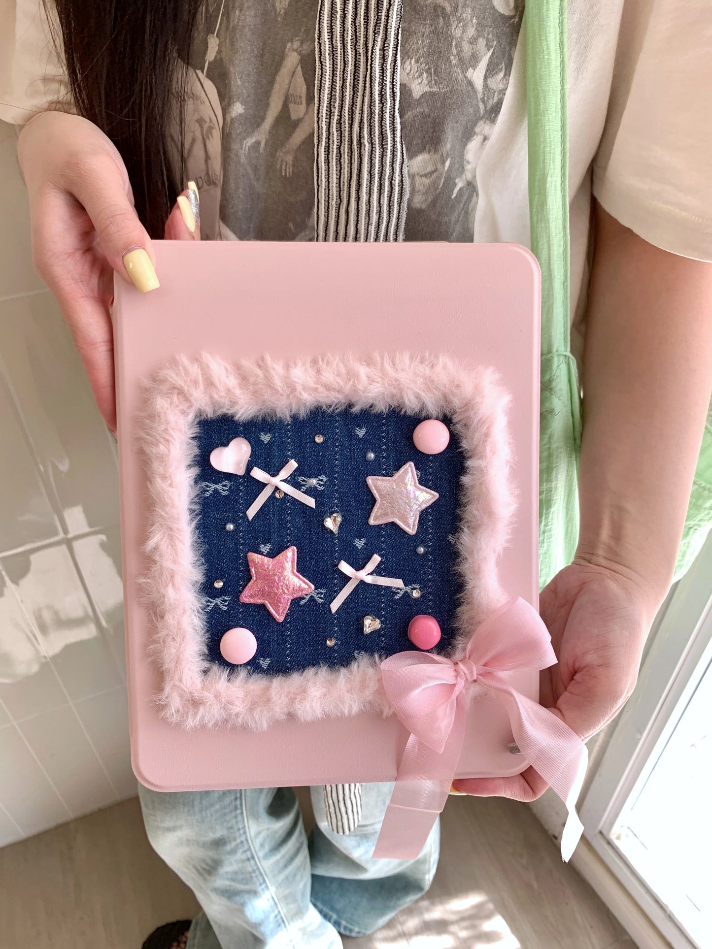 Pink Heart & Star Patchwork iPad Case with Stand – Cute Denim Bow Design For iPad