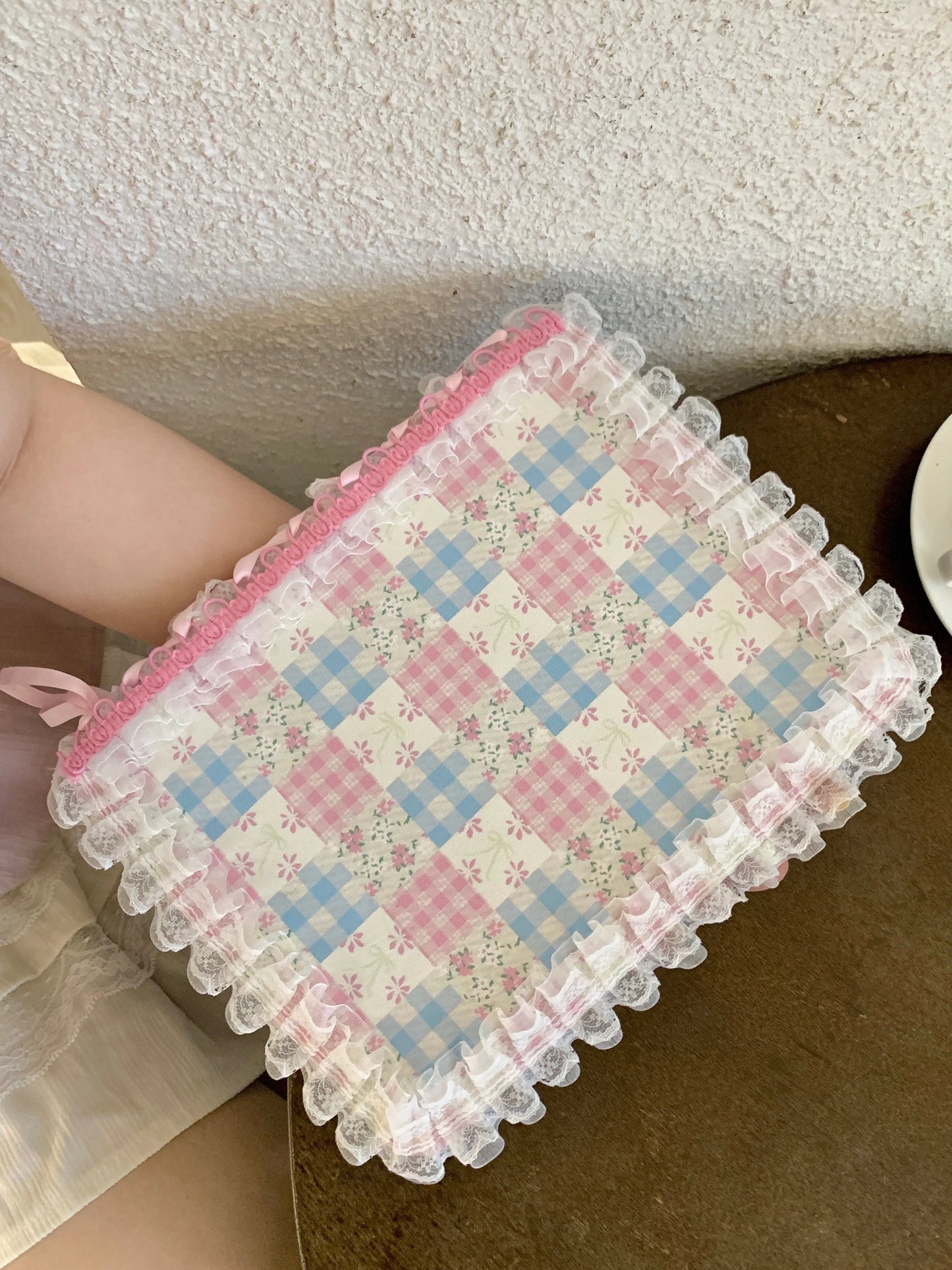 Pastel Gingham Lace iPad Case – Pink & Blue Floral Stand Cover with Ruffle Edge
