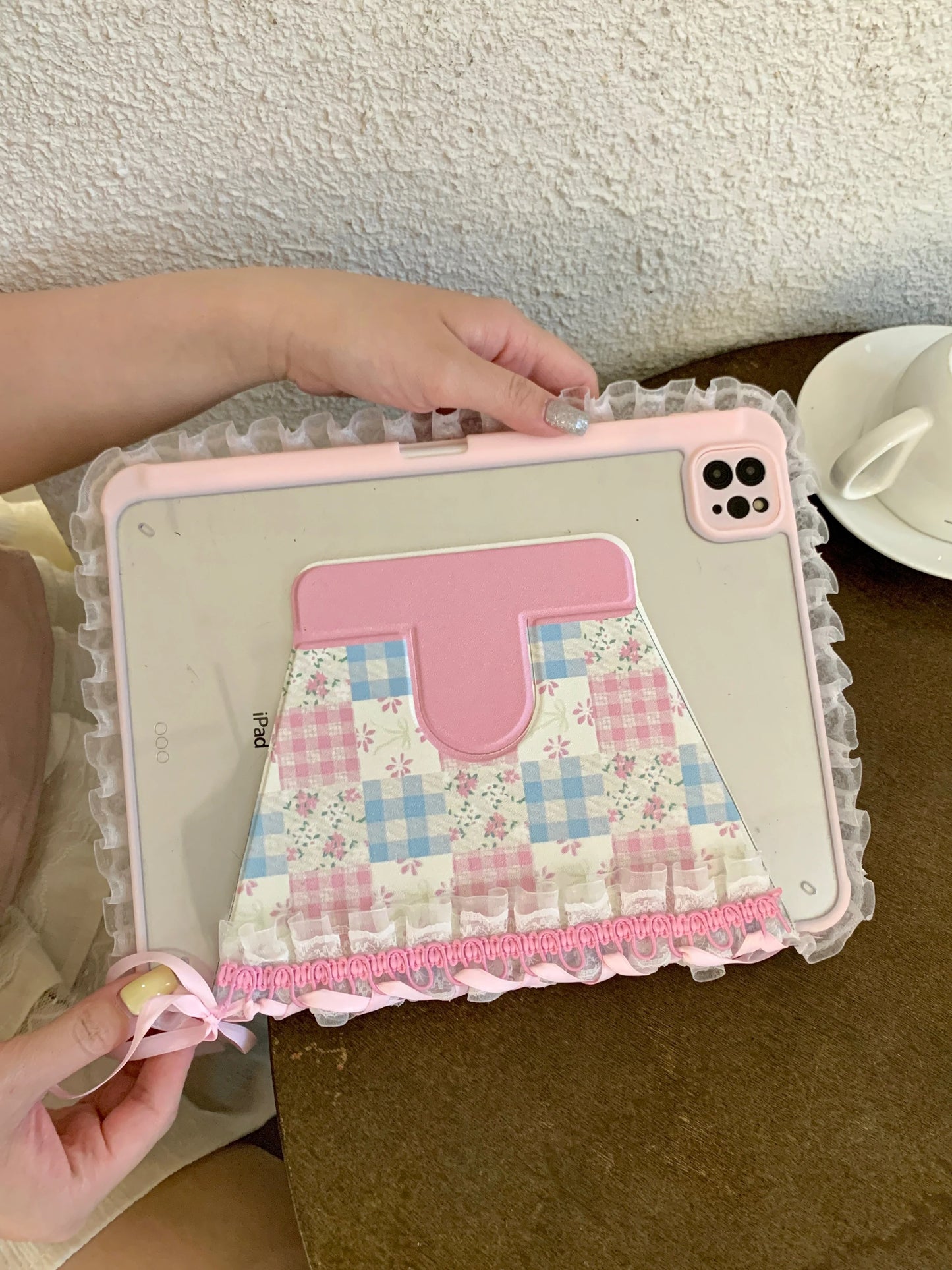 Pastel Gingham Lace iPad Case – Pink & Blue Floral Stand Cover with Ruffle Edge