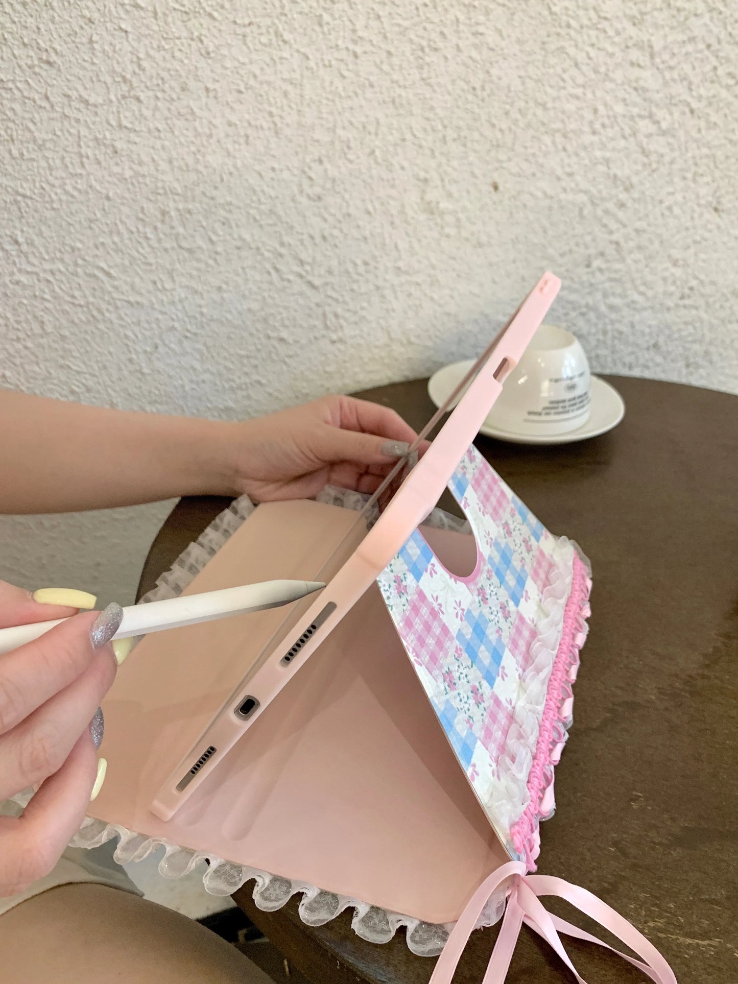 Pastel Gingham Lace iPad Case – Pink & Blue Floral Stand Cover with Ruffle Edge