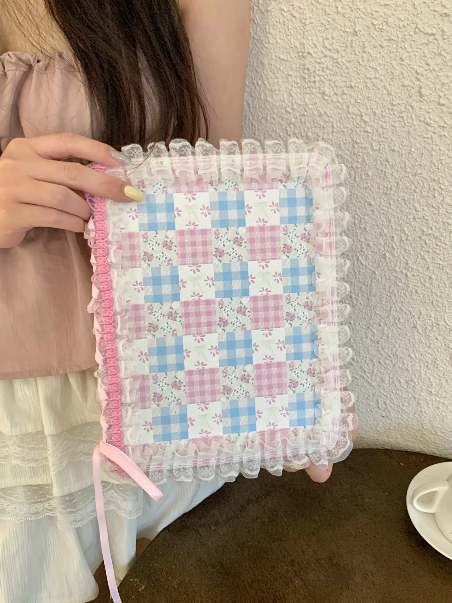 Pastel Gingham Lace iPad Case – Pink & Blue Floral Stand Cover with Ruffle Edge