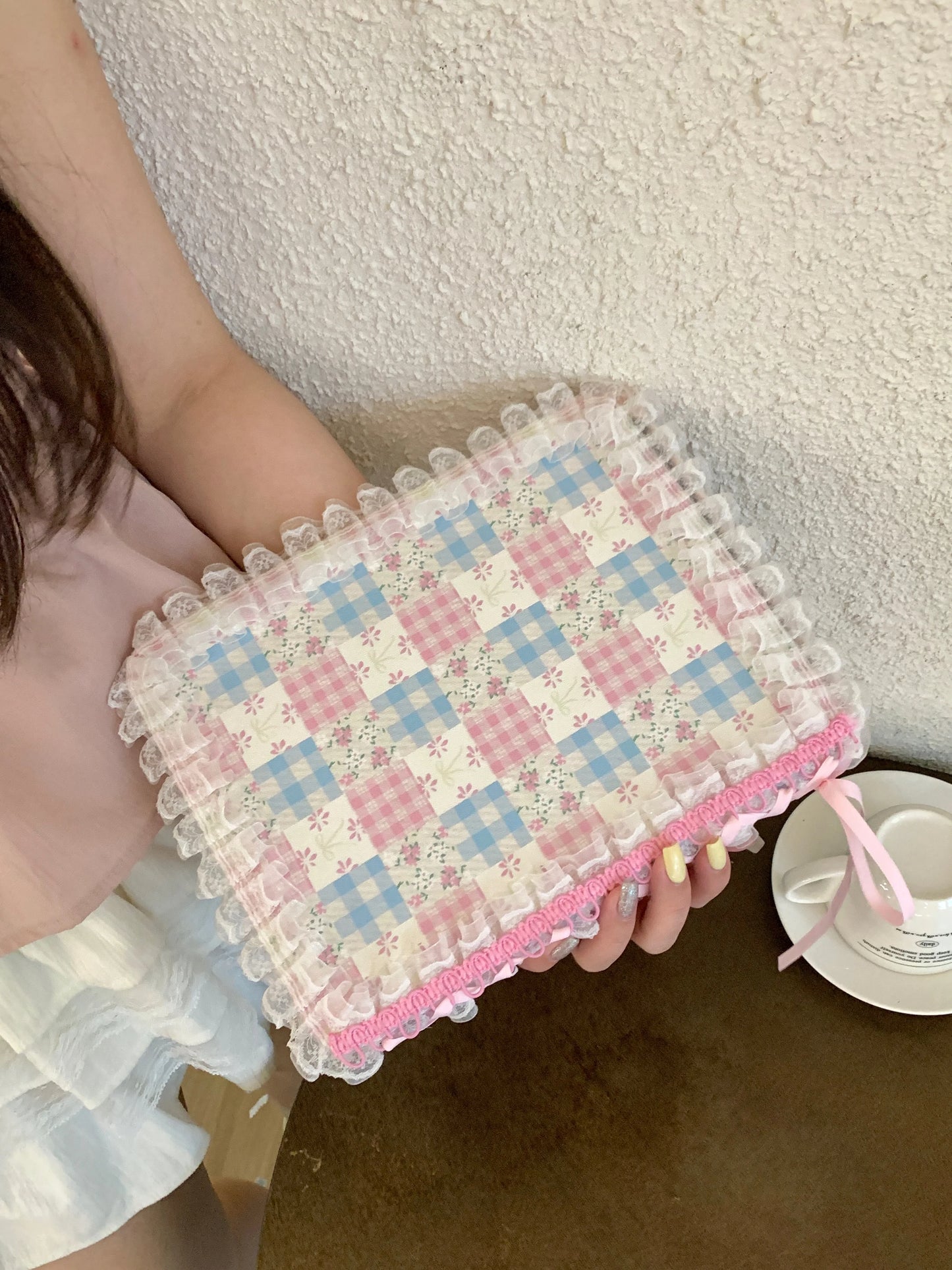 Pastel Gingham Lace iPad Case – Pink & Blue Floral Stand Cover with Ruffle Edge