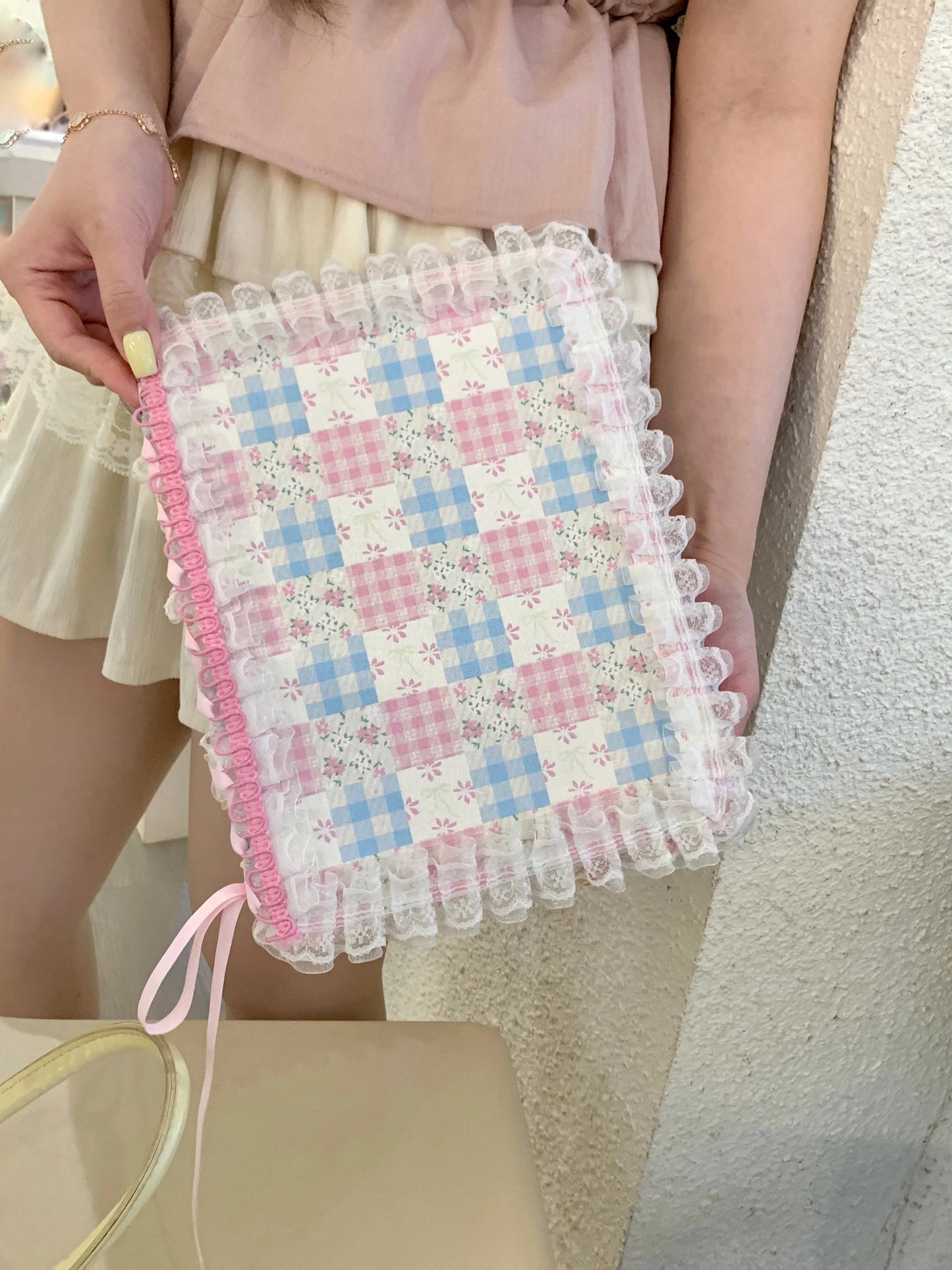 Pastel Gingham Lace iPad Case – Pink & Blue Floral Stand Cover with Ruffle Edge