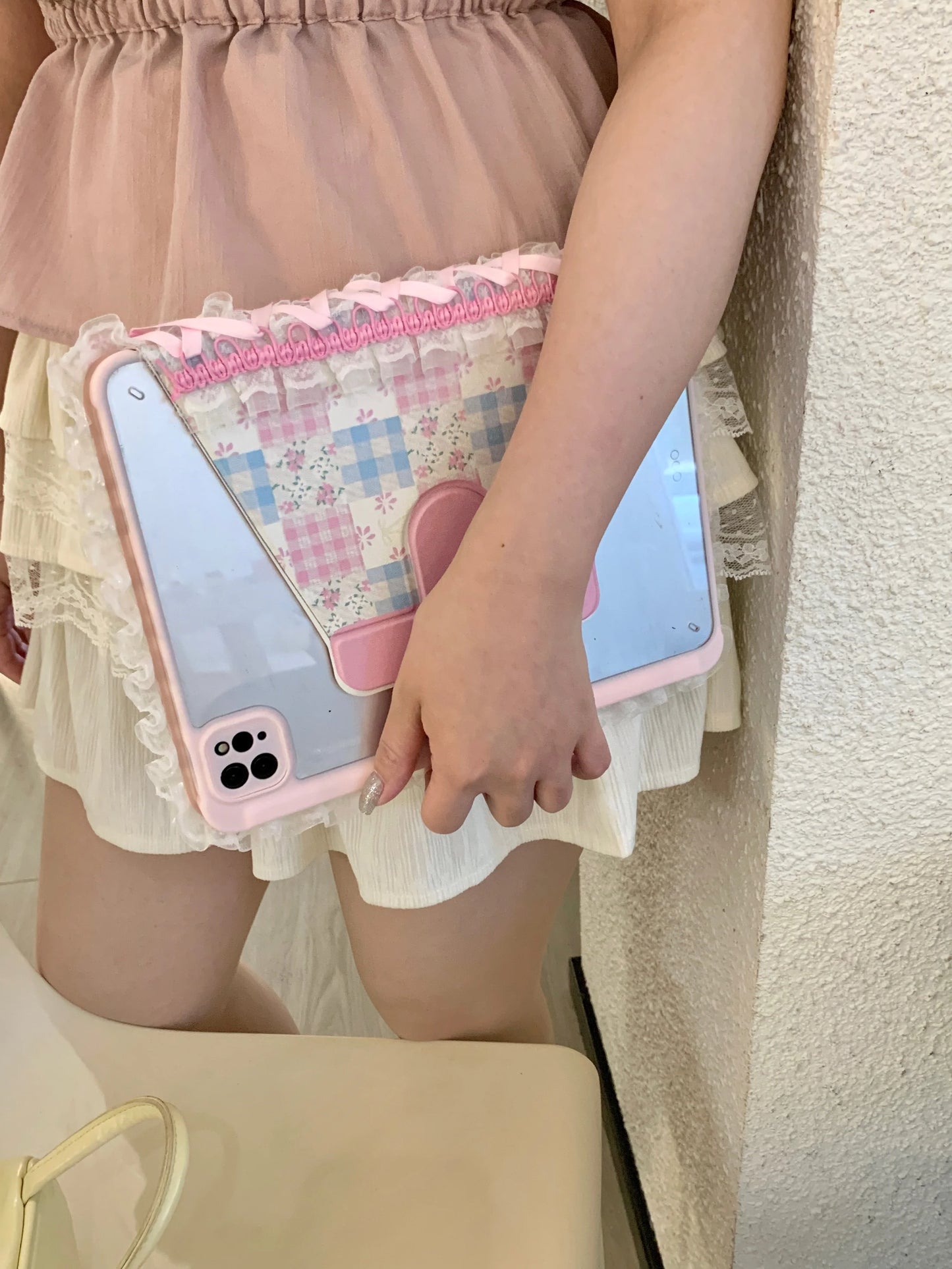 Pastel Gingham Lace iPad Case – Pink & Blue Floral Stand Cover with Ruffle Edge