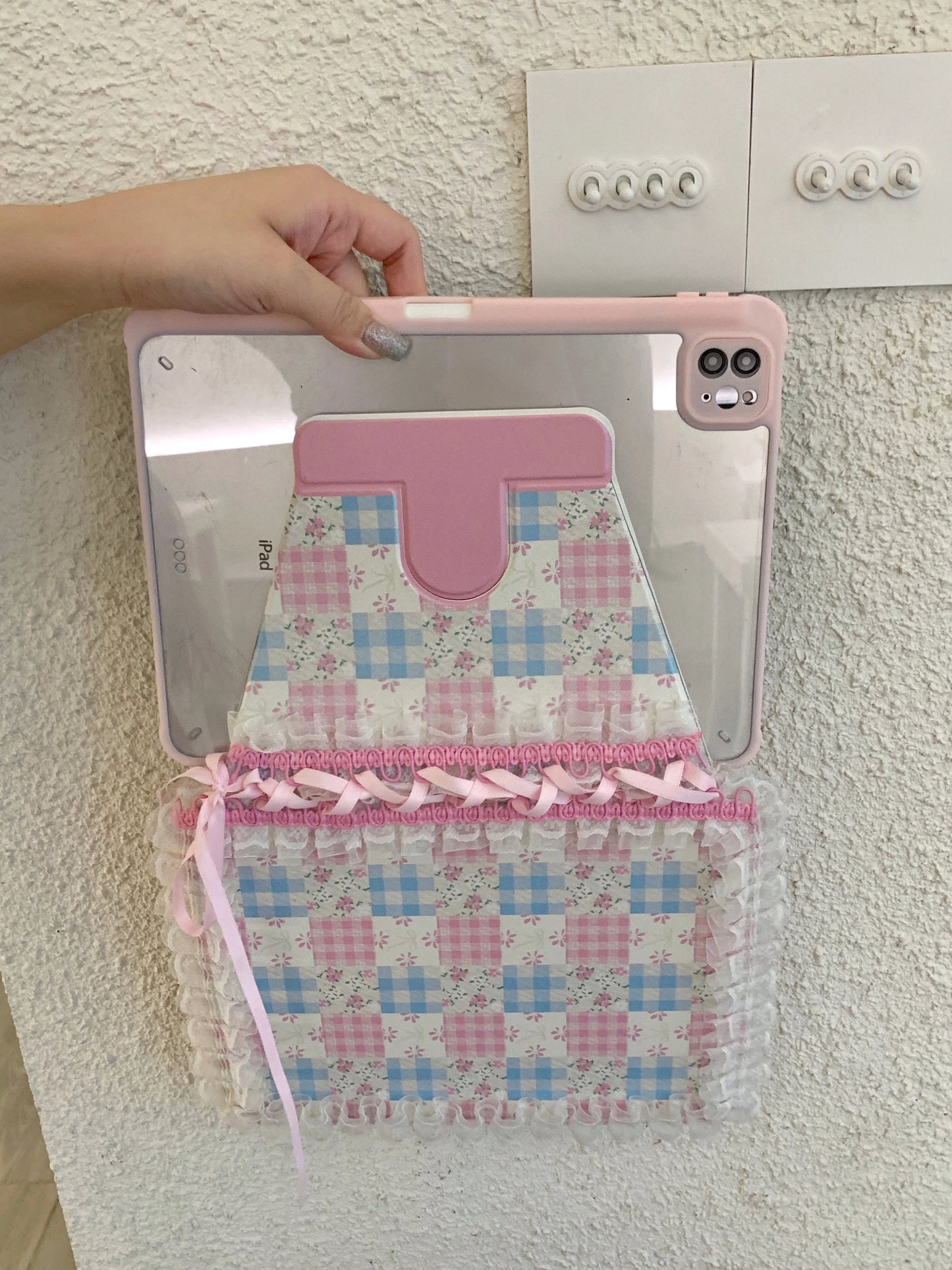 Pastel Gingham Lace iPad Case – Pink & Blue Floral Stand Cover with Ruffle Edge