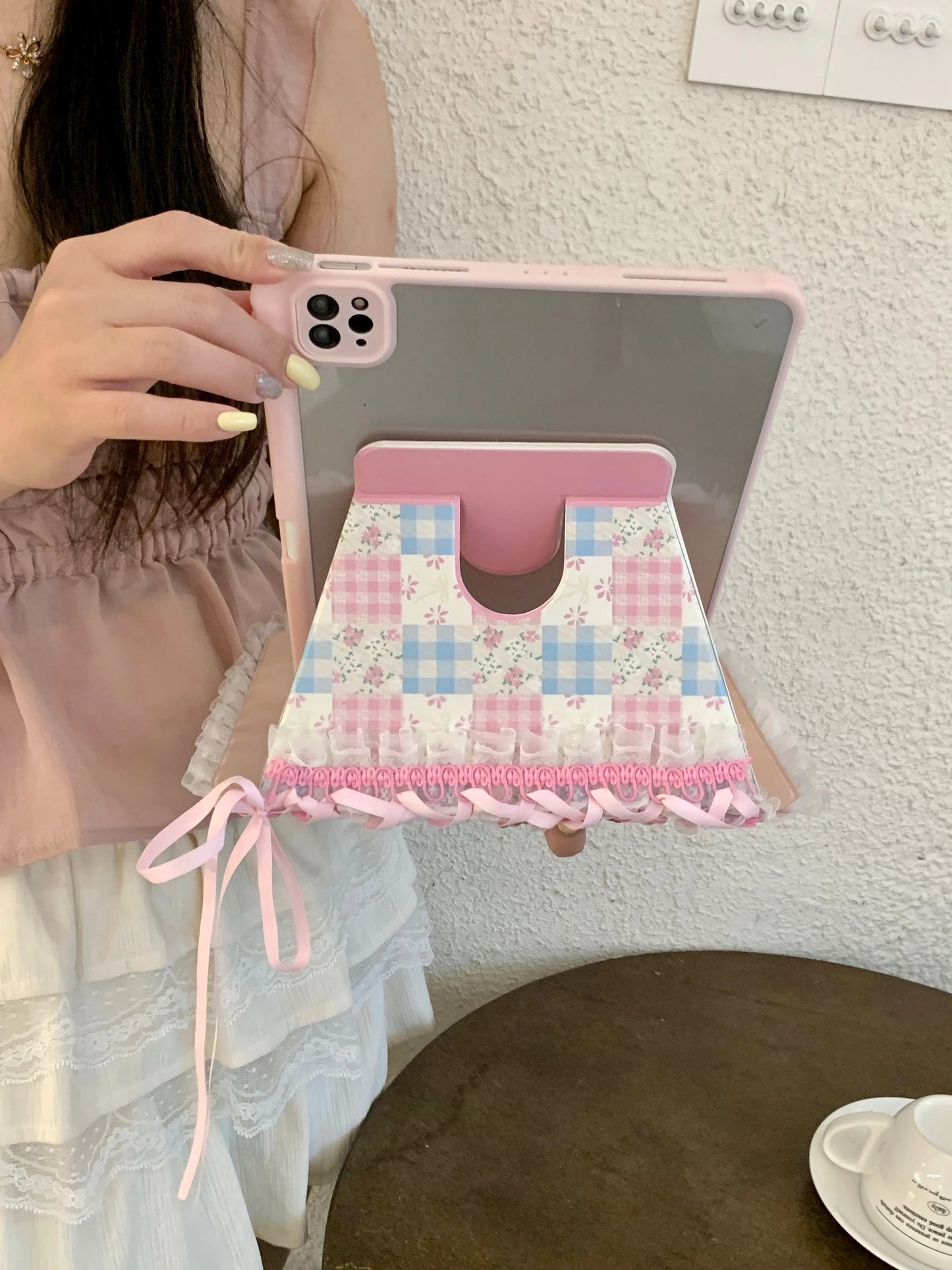Pastel Gingham Lace iPad Case – Pink & Blue Floral Stand Cover with Ruffle Edge