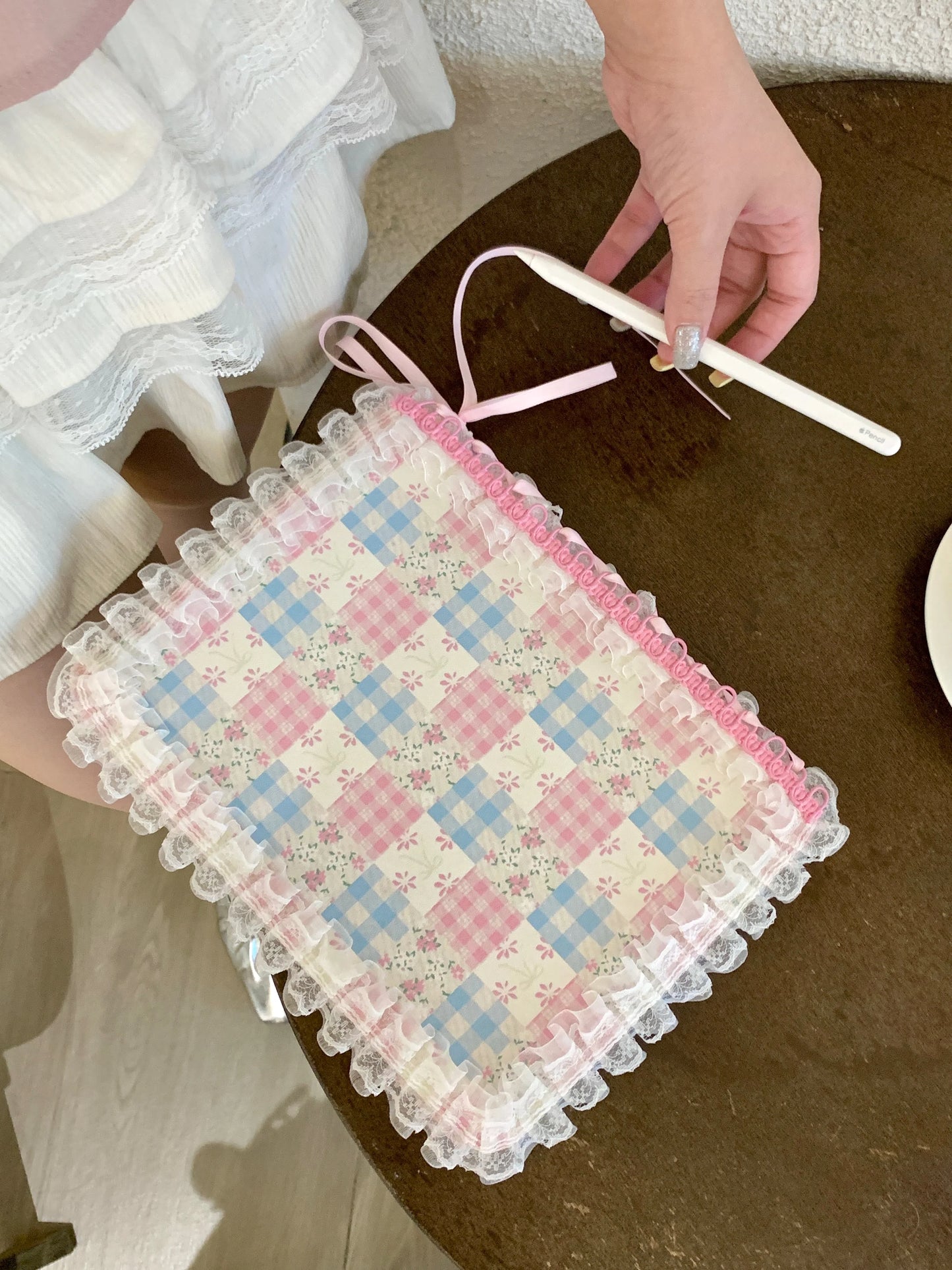 Pastel Gingham Lace iPad Case – Pink & Blue Floral Stand Cover with Ruffle Edge