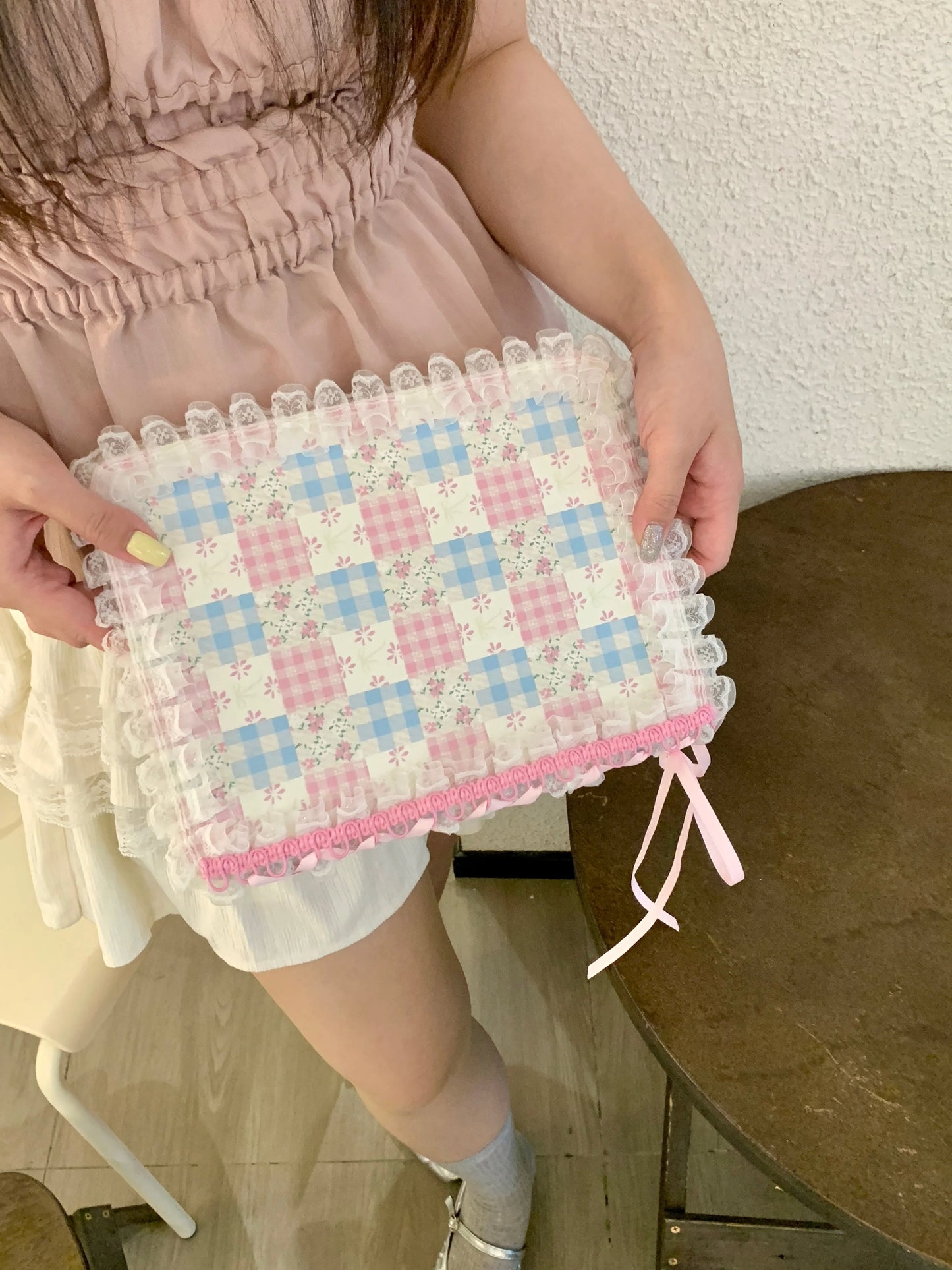 Pastel Gingham Lace iPad Case – Pink & Blue Floral Stand Cover with Ruffle Edge