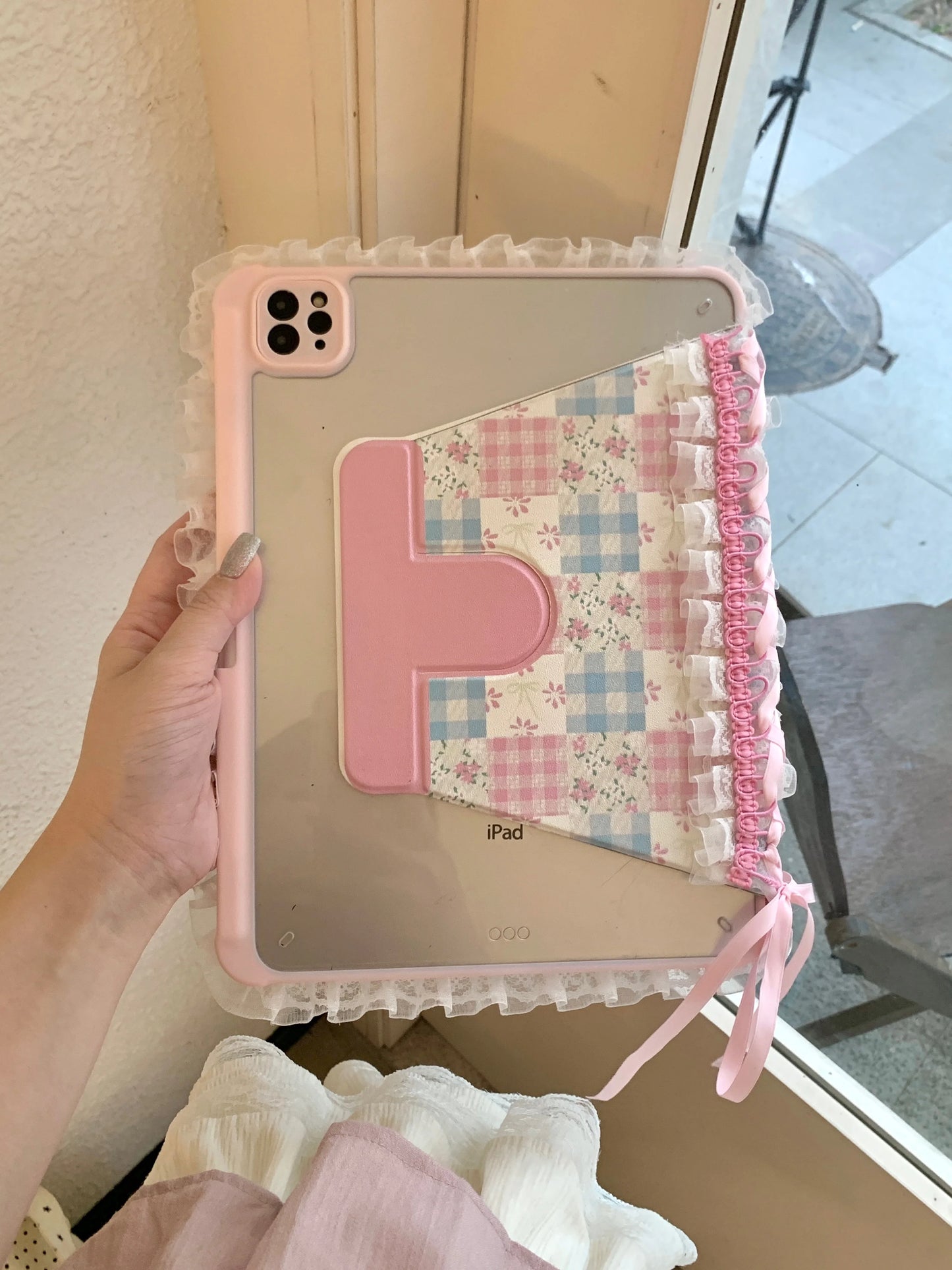 Pastel Gingham Lace iPad Case – Pink & Blue Floral Stand Cover with Ruffle Edge
