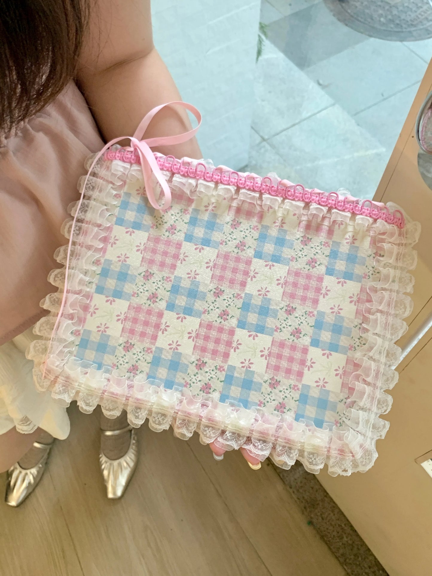 Pastel Gingham Lace iPad Case – Pink & Blue Floral Stand Cover with Ruffle Edge