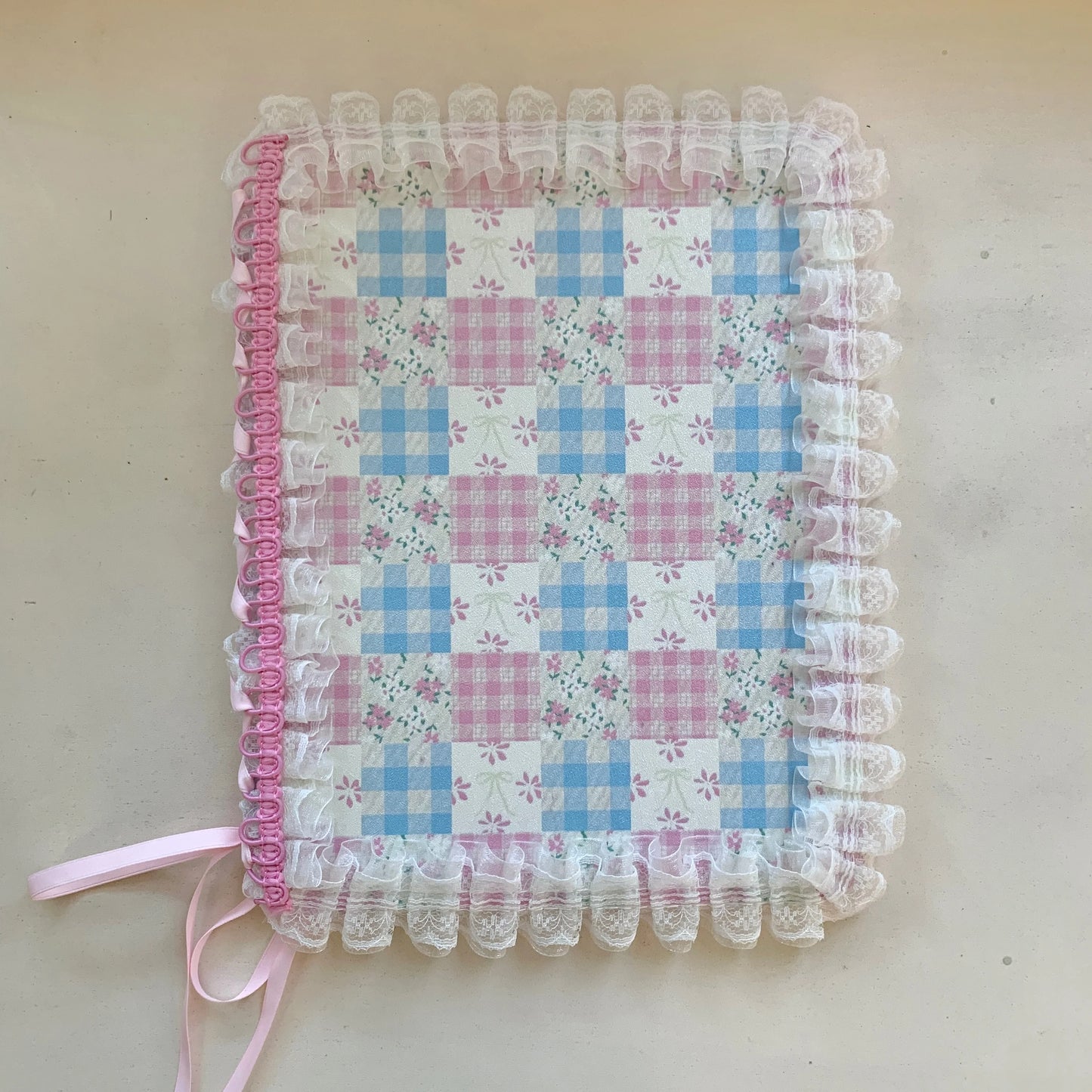 Pastel Gingham Lace iPad Case – Pink & Blue Floral Stand Cover with Ruffle Edge