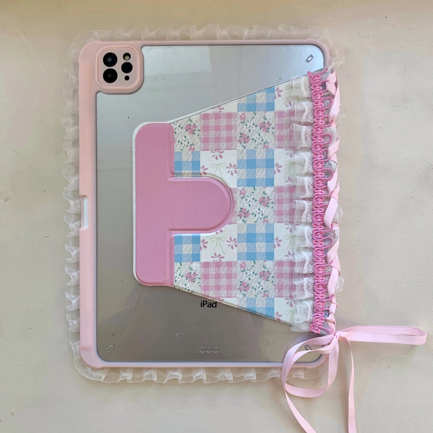 Pastel Gingham Lace iPad Case – Pink & Blue Floral Stand Cover with Ruffle Edge
