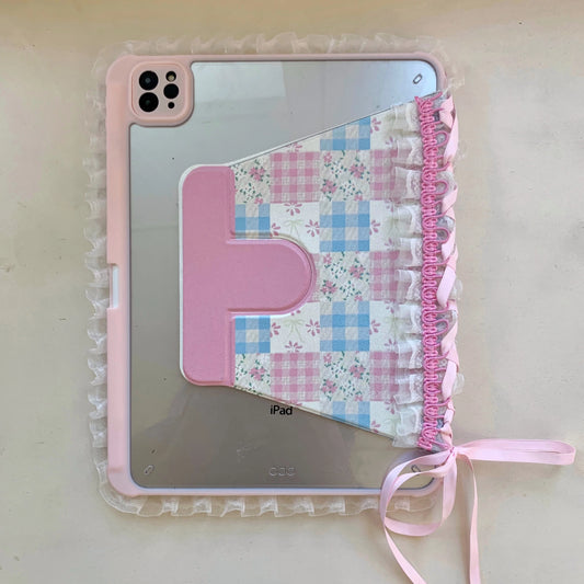 Pastel Gingham Lace iPad Case – Pink & Blue Floral Stand Cover with Ruffle Edge