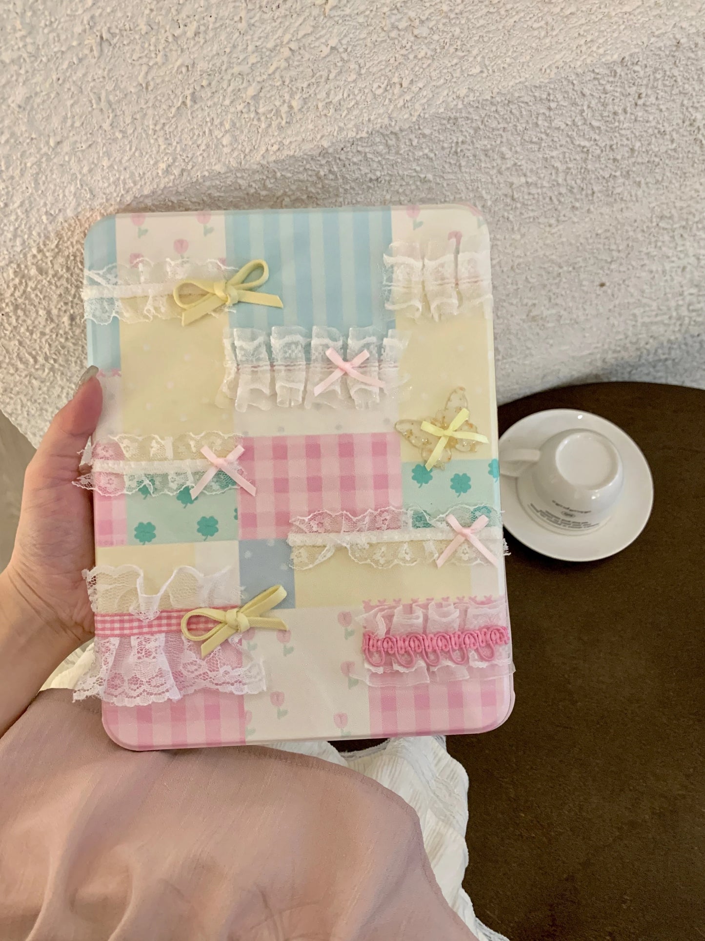 Pastel Patchwork Lace iPad Case – Cute Bows, Stand Cover