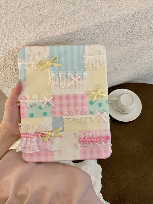 Pastel Patchwork Lace iPad Case – Cute Bows, Stand Cover