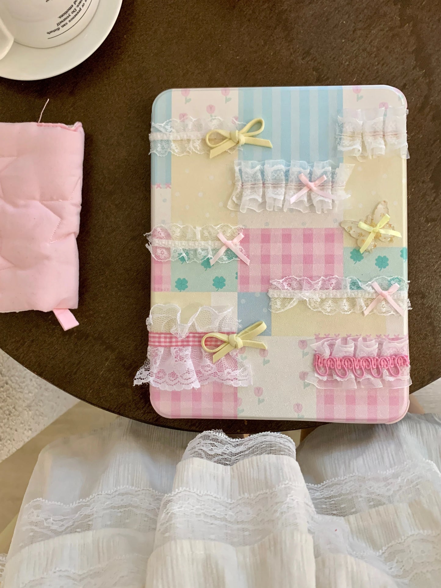 Pastel Patchwork Lace iPad Case – Cute Bows, Stand Cover