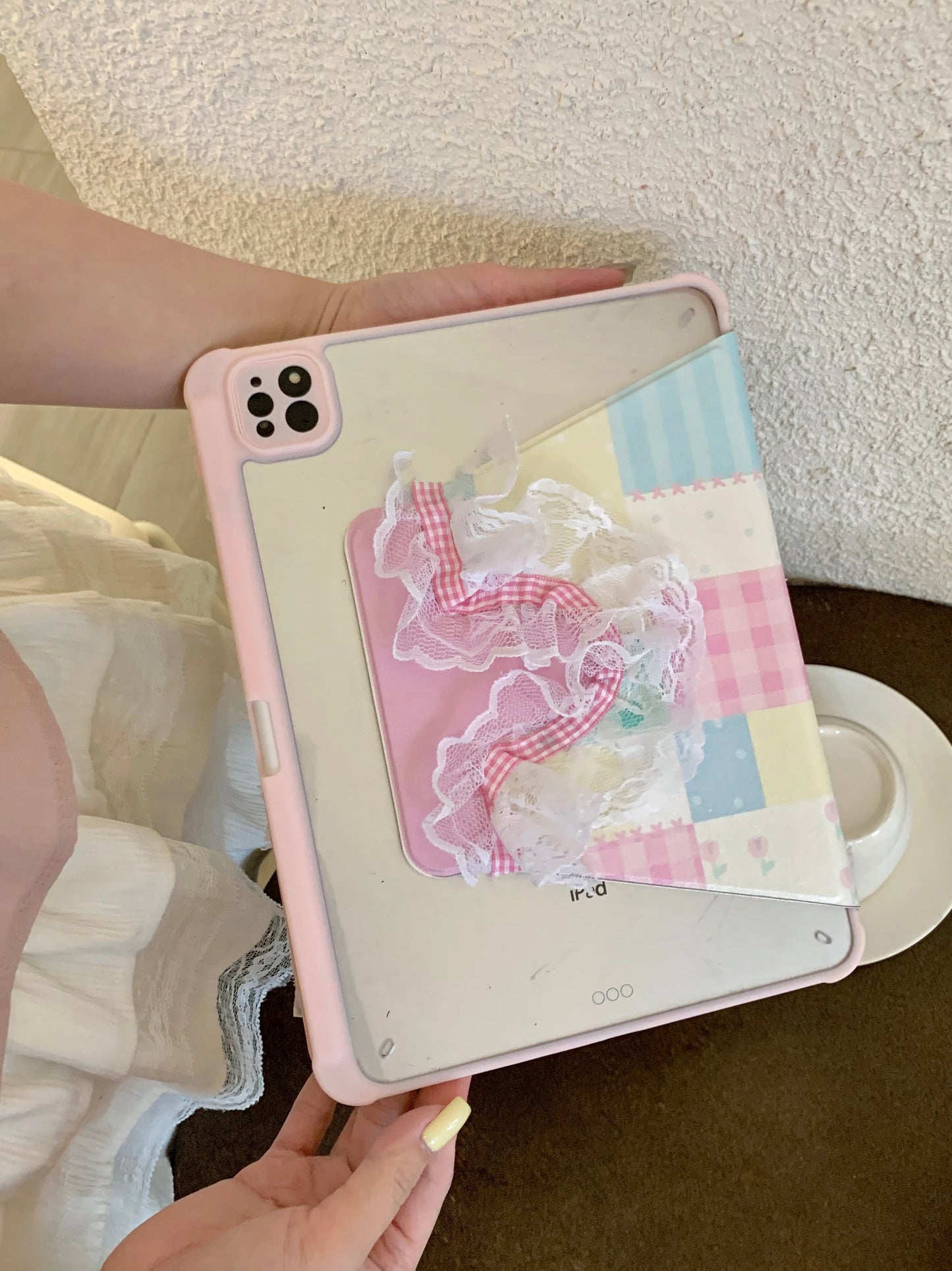 Pastel Patchwork Lace iPad Case – Cute Bows, Stand Cover