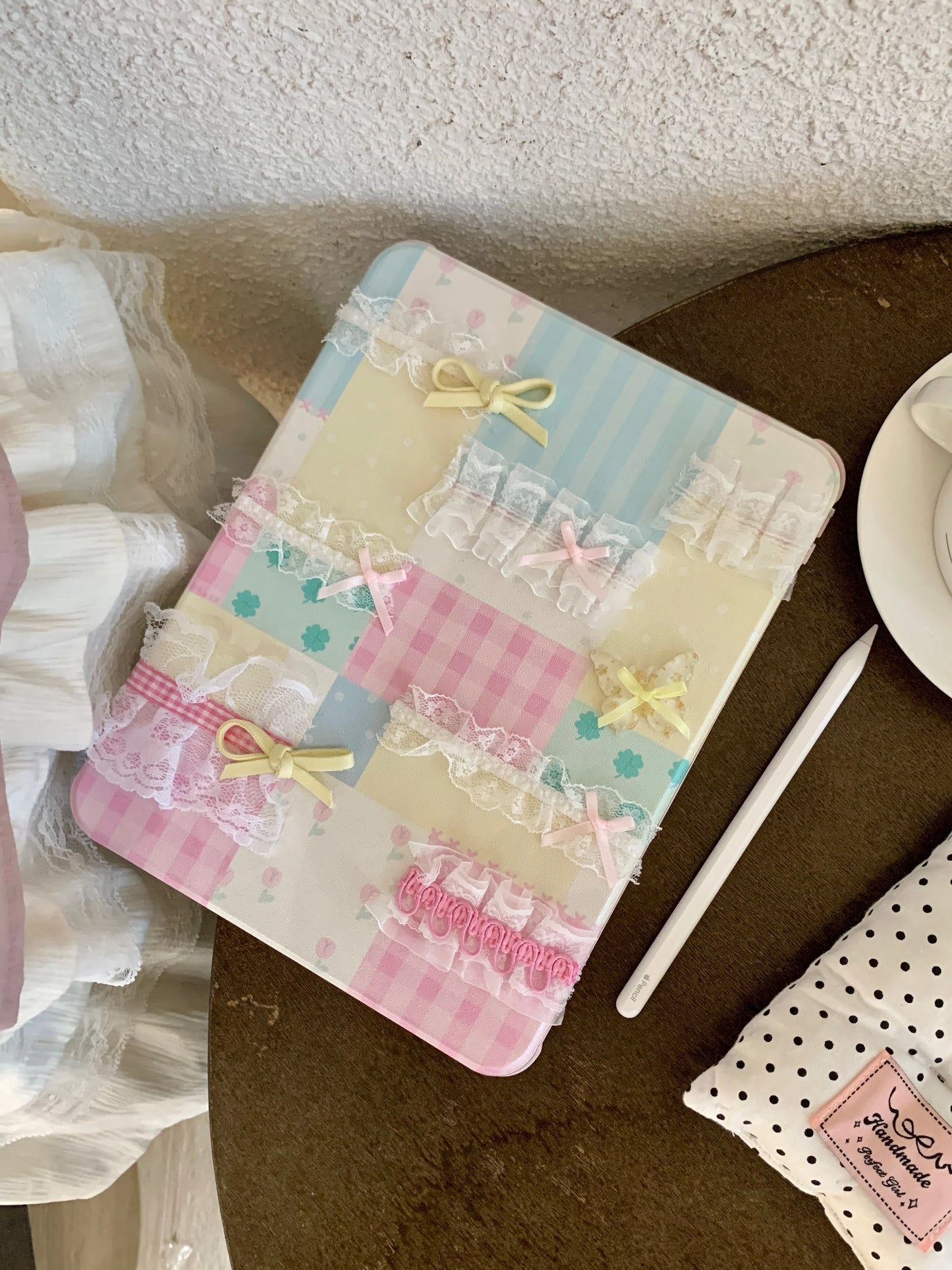 Pastel Patchwork Lace iPad Case – Cute Bows, Stand Cover