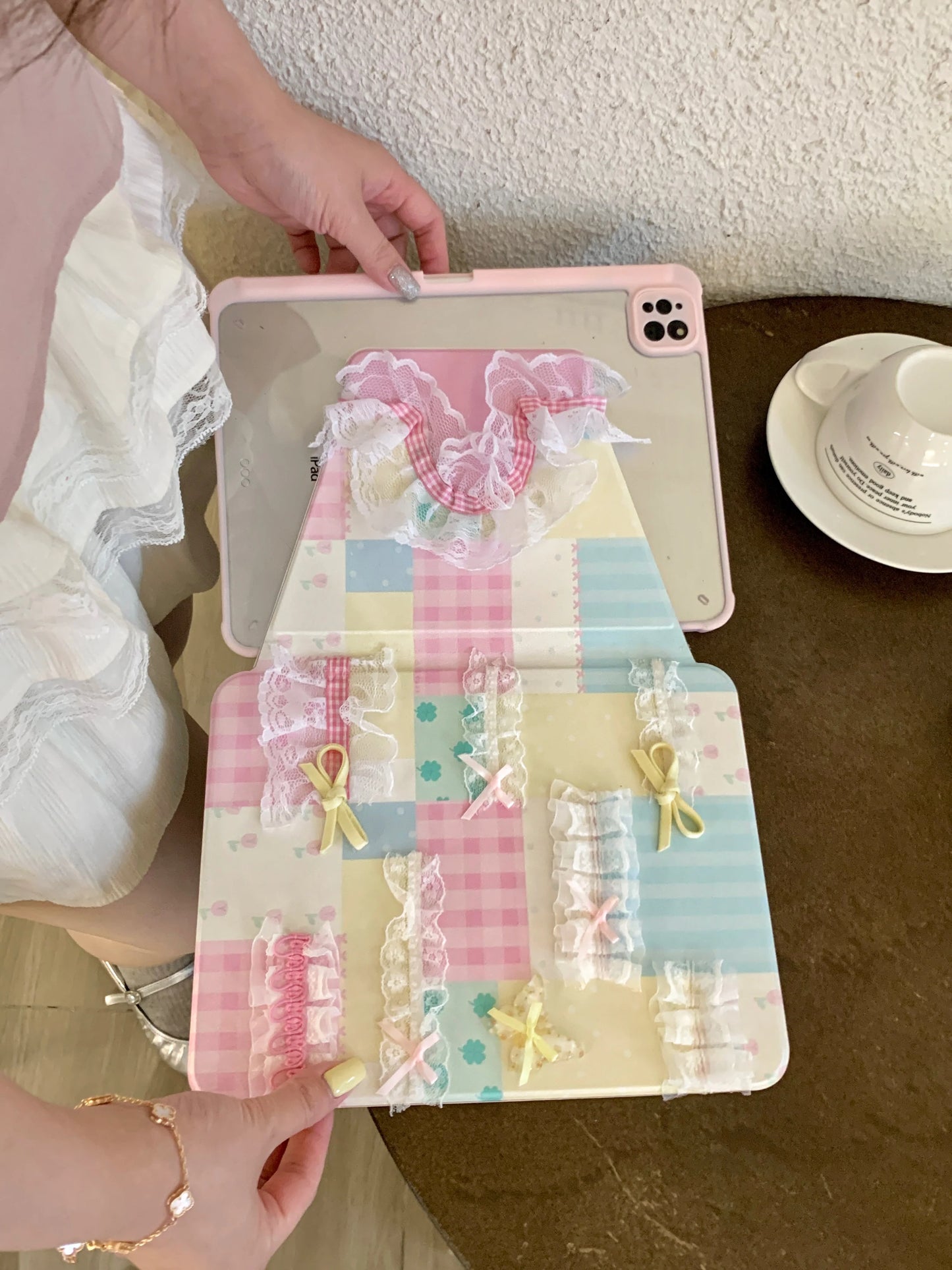 Pastel Patchwork Lace iPad Case – Cute Bows, Stand Cover