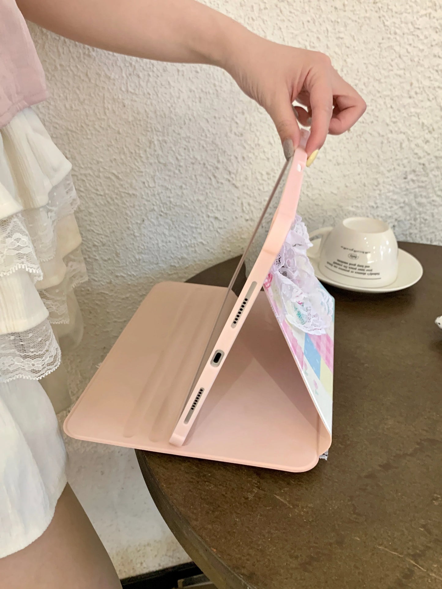 Pastel Patchwork Lace iPad Case – Cute Bows, Stand Cover